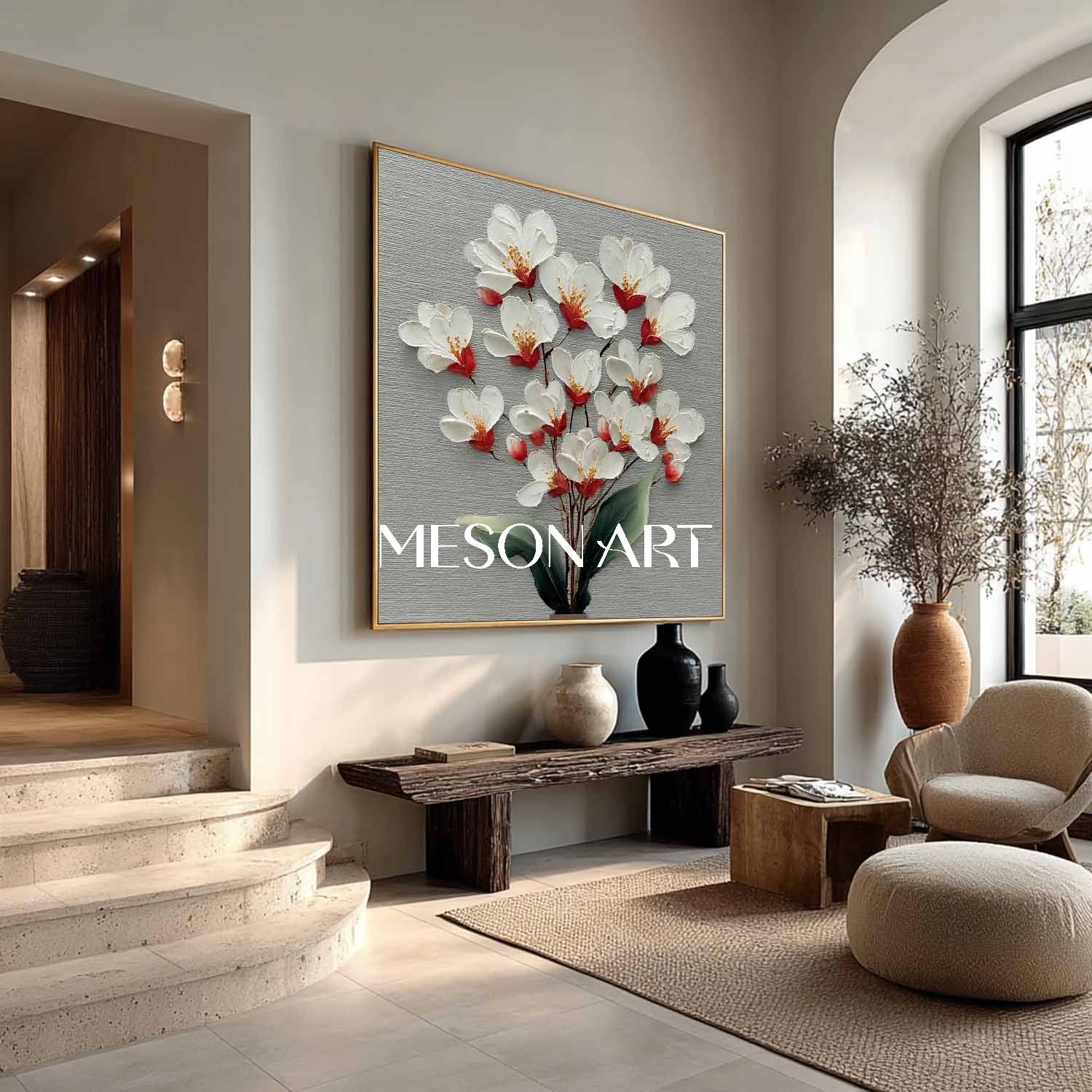 Large Floral Canvas Painting Neutral Floral Painting for Calm Interiors Floral Wall Art for Sale