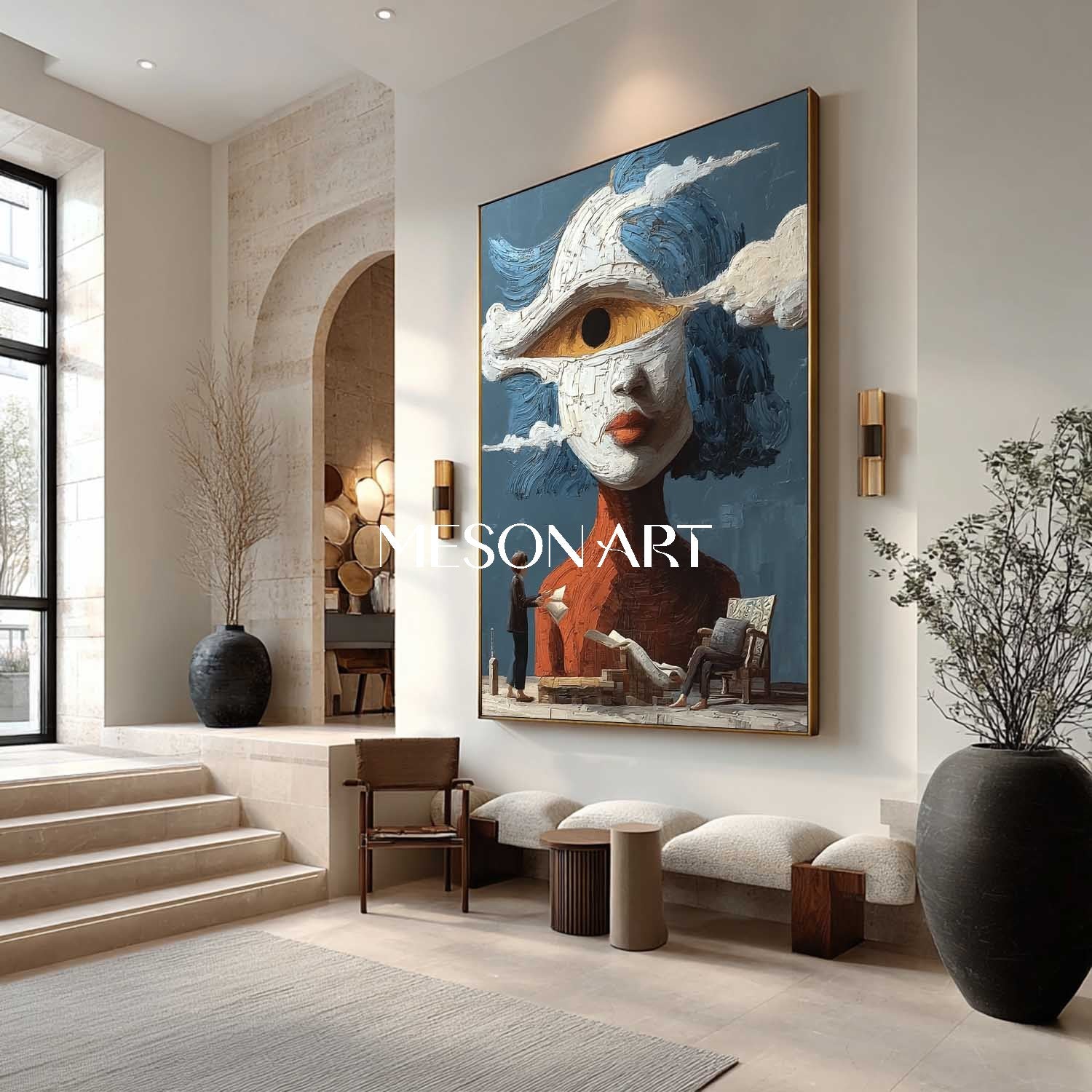 Fantasy Face in the Clouds – Conceptual Surrealist Painting with Blue Backdrop