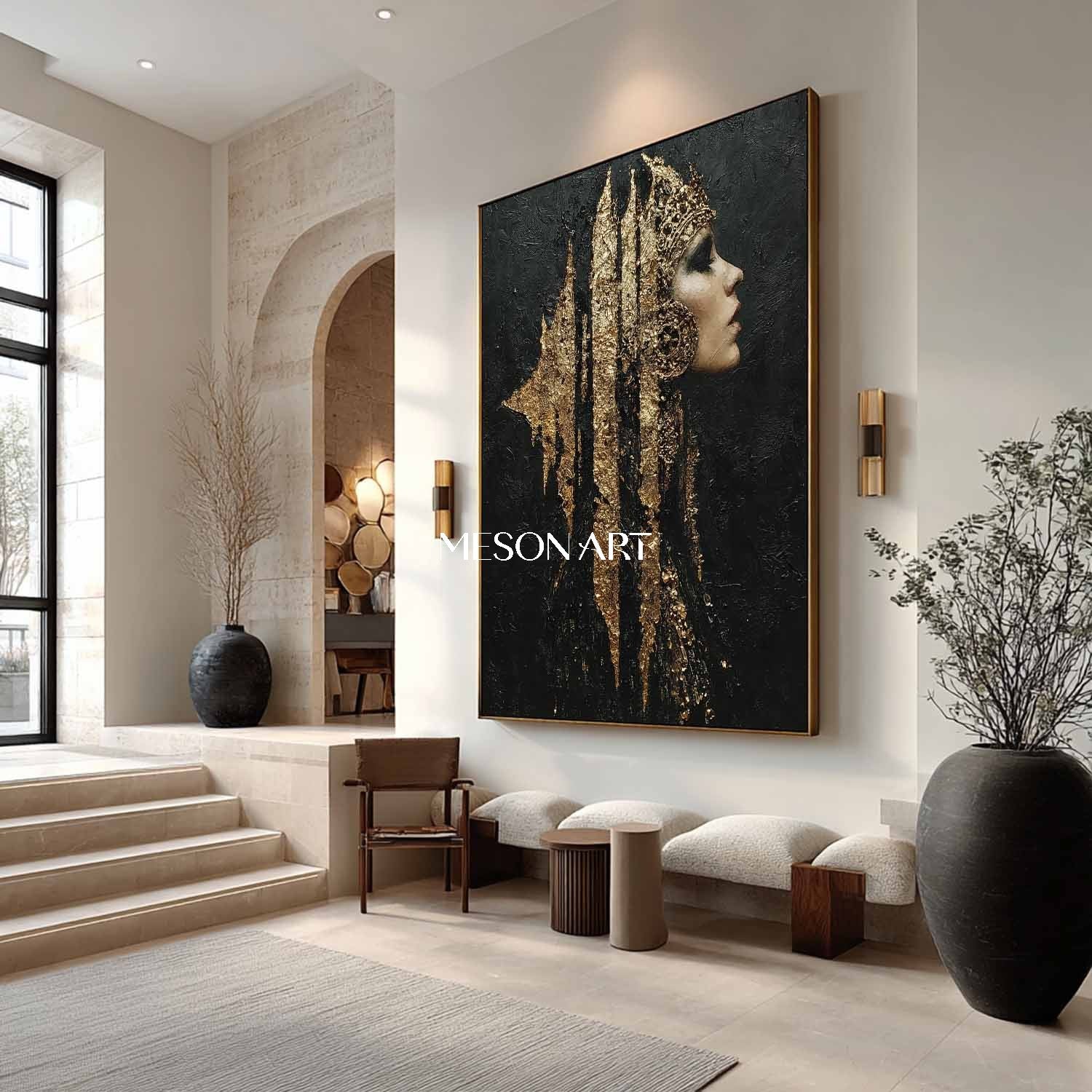Pretty Woman Portrait Texture Paintings Black and Gold Lady Abstract Portrait Canvas Art for Sale