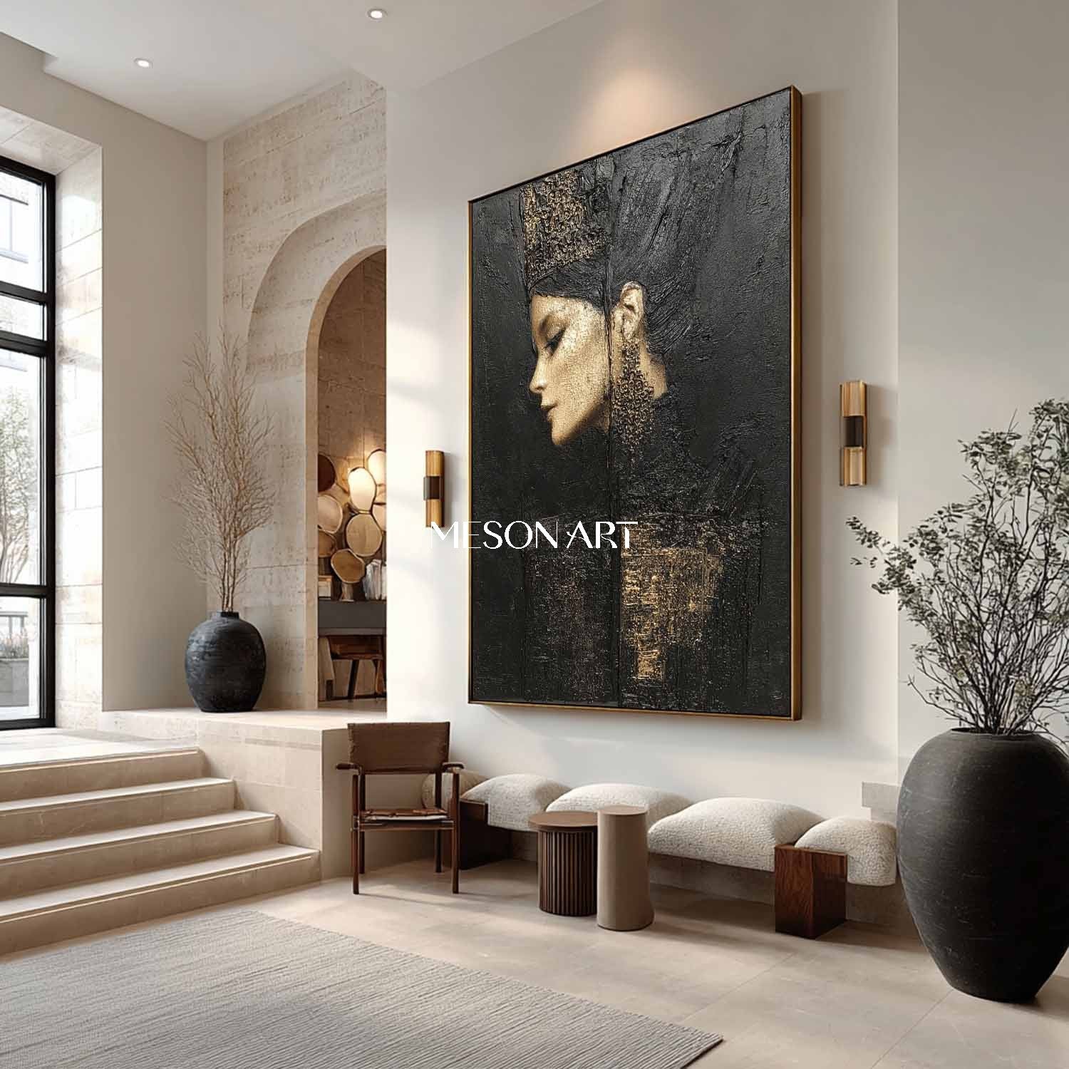 Pretty Woman Abstract Portrait Painting Black and Gold Lady Portrait Textured Canvas Art for Sale