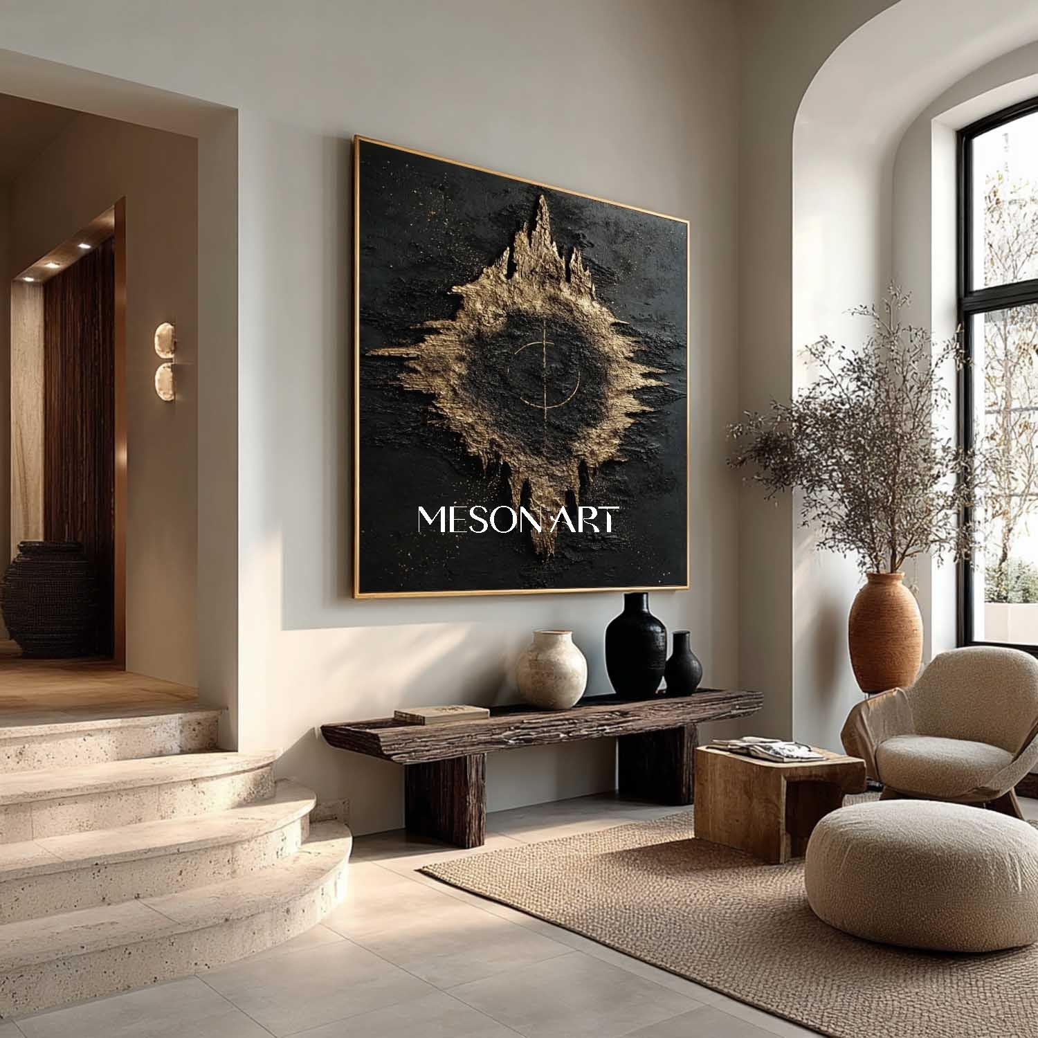 Universe starry sky abstract art Black and gold texture painting Luxury wall decoration idea