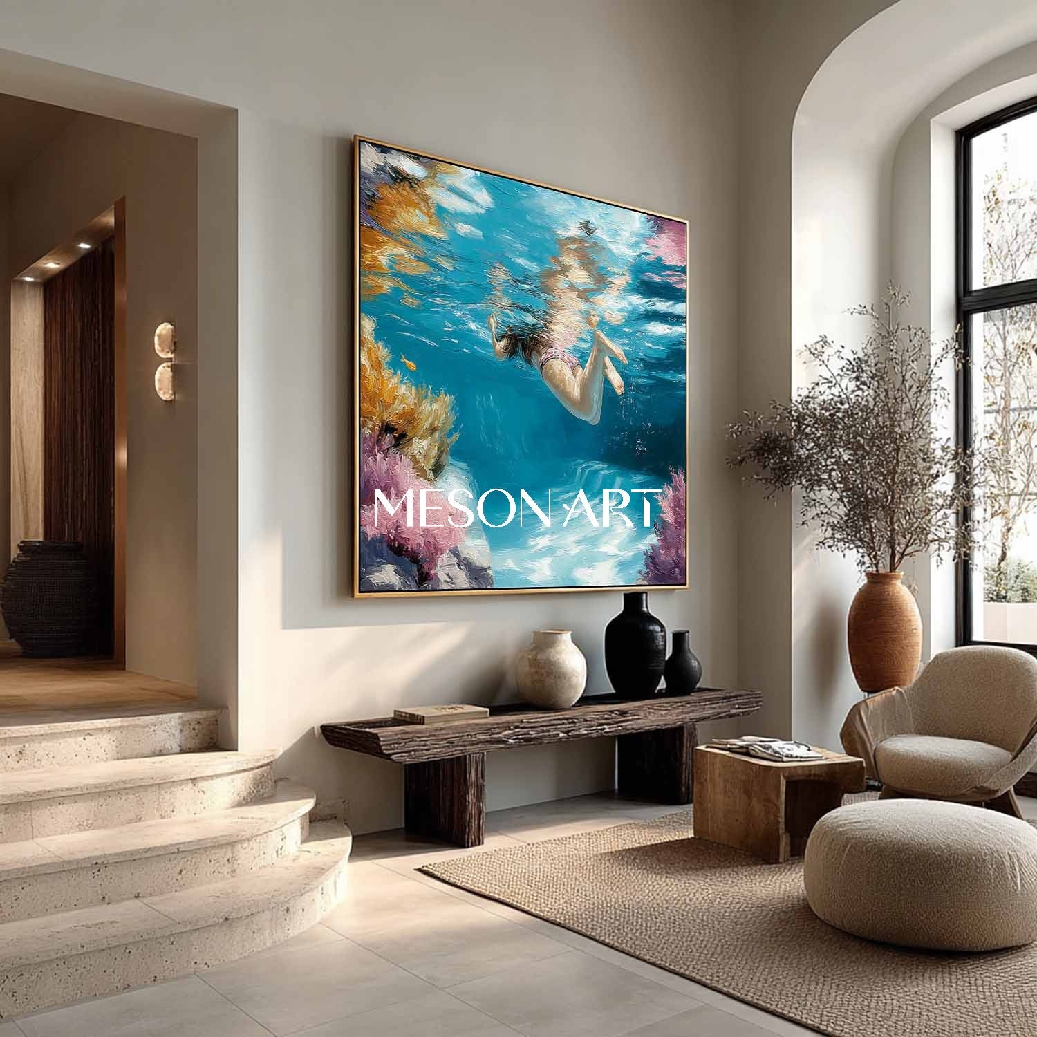 Undersea swimming wall art decor Undersea snorkeling coral canvas art Undersea swimming painting