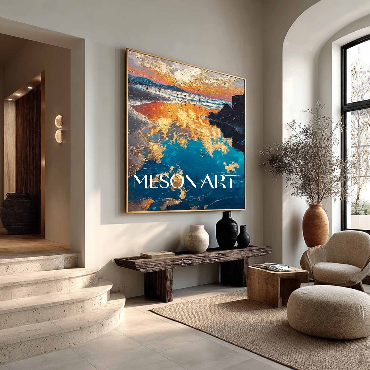 Seaside Holiday Painting Yellow and Gold Coastal Landscape Art Beach Art for Living Room
