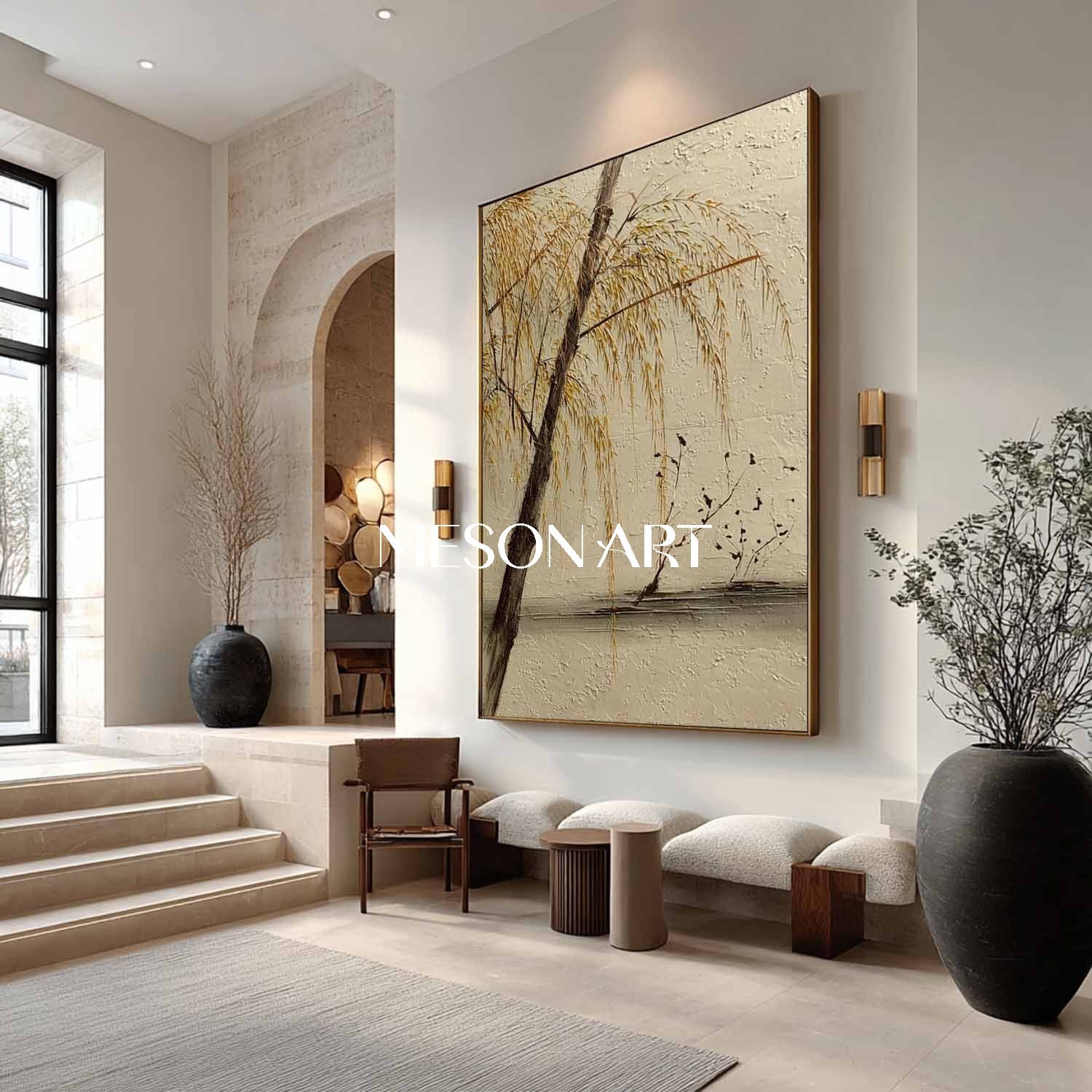 Modern Zen-Inspired Nature Painting – Willow Scene on Textured Canvas | Mesonart
