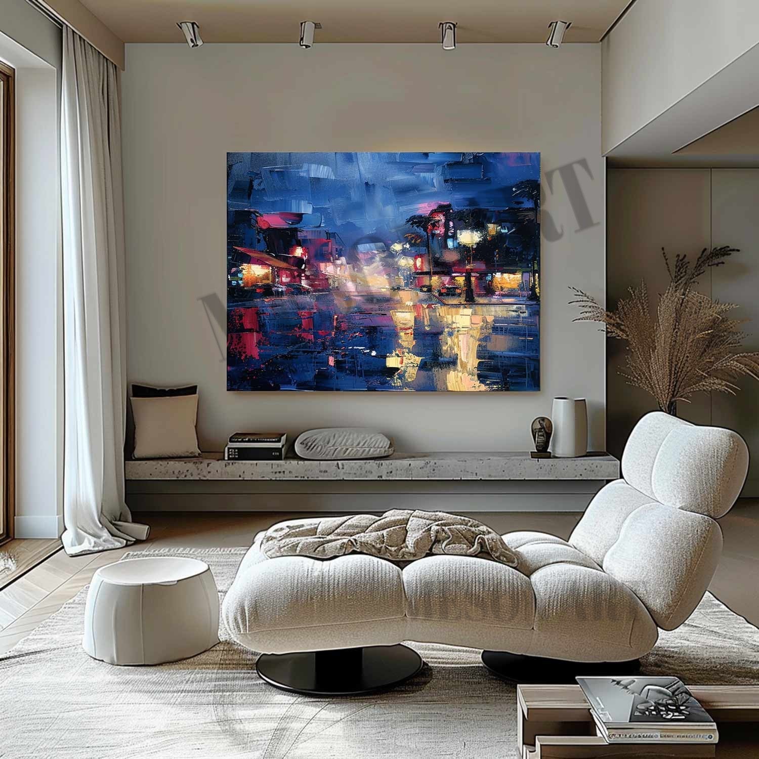 City Night Scene Abstract Blue Painting California Night Scene Canvas Art for Sale City Night Scene Wall Art