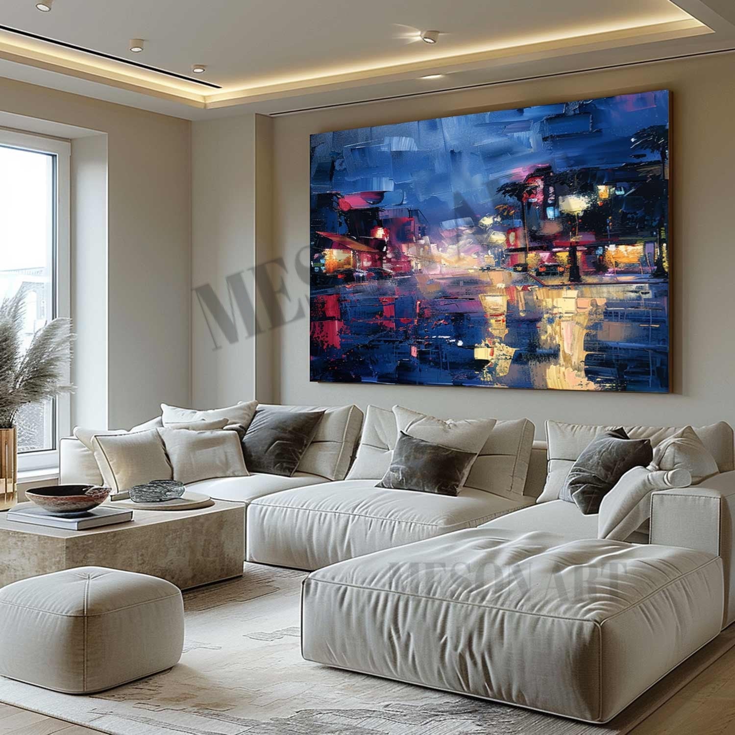 City Night Scene Abstract Blue Painting California Night Scene Canvas Art for Sale City Night Scene Wall Art