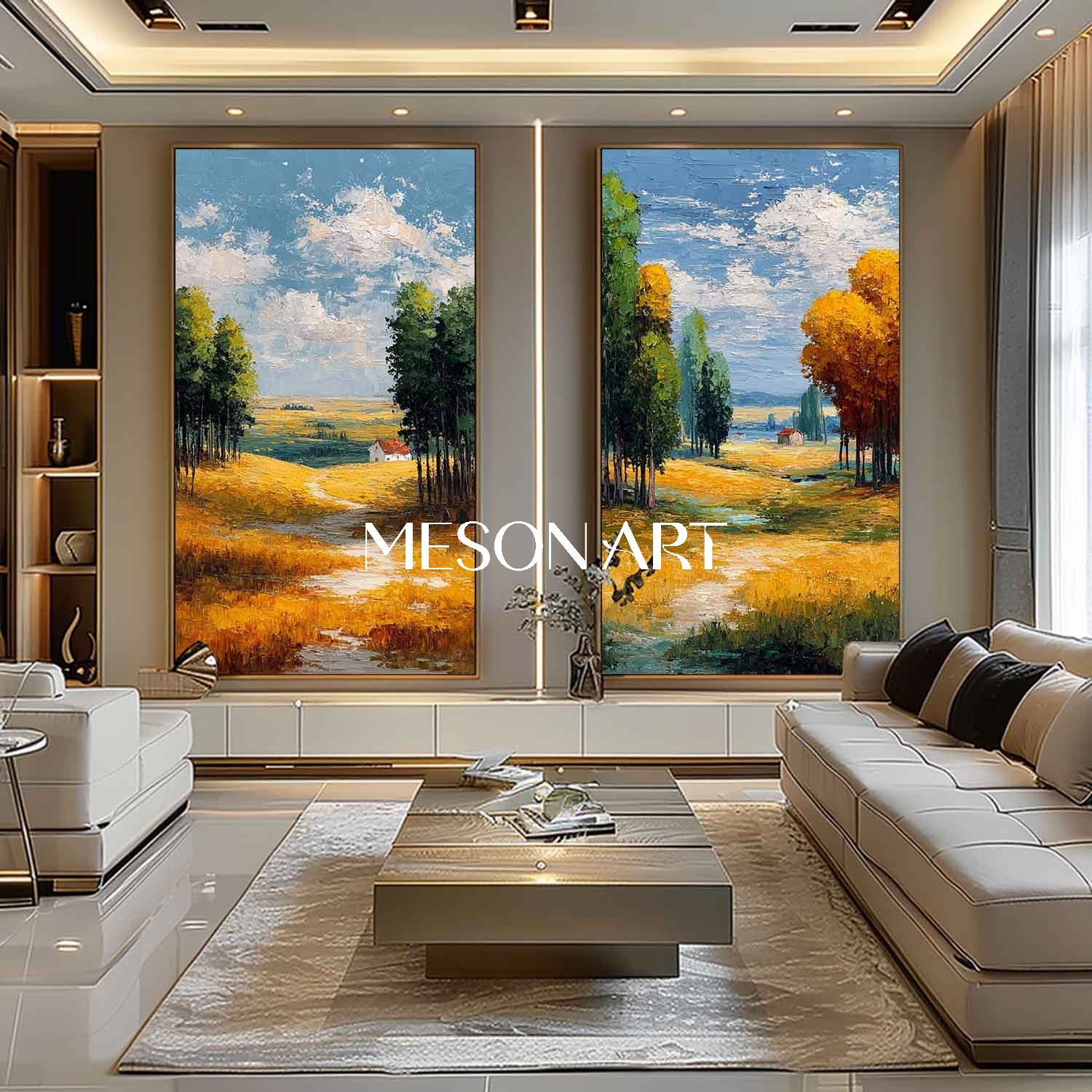 Large Fall Landscape Art Set of 2 Autumn Landscape Painting for Sale