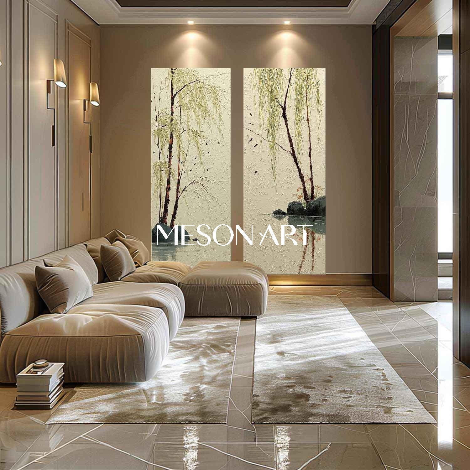 Large 2-piece Textured Chinese-Style Nature Painting on Canvas – Willow Grove Scene | Mesonart