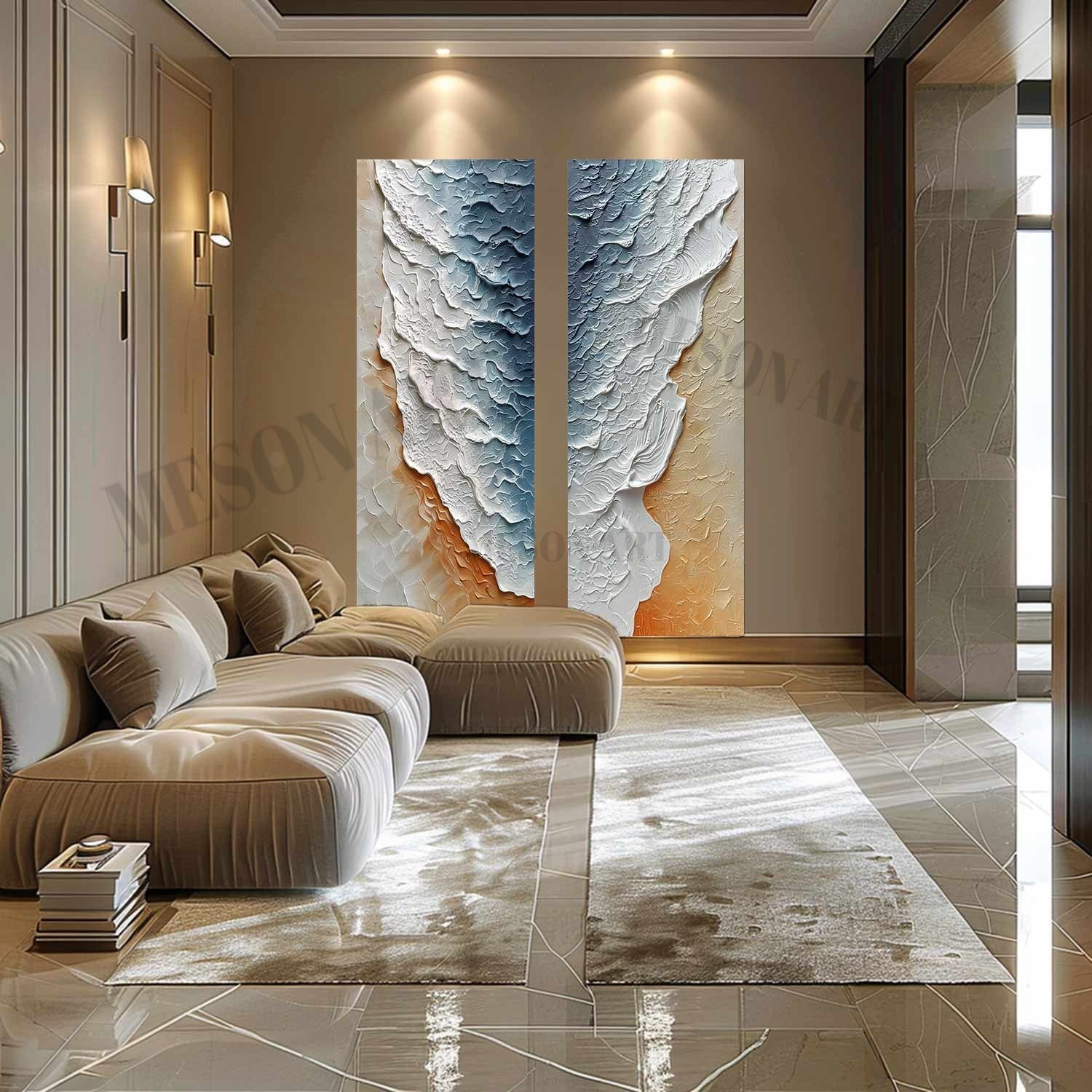 Large 3D White and Blue Ocean Wave Beach Texture Painting Set of 2 Ocean Wave Beach Canvas Wall Art