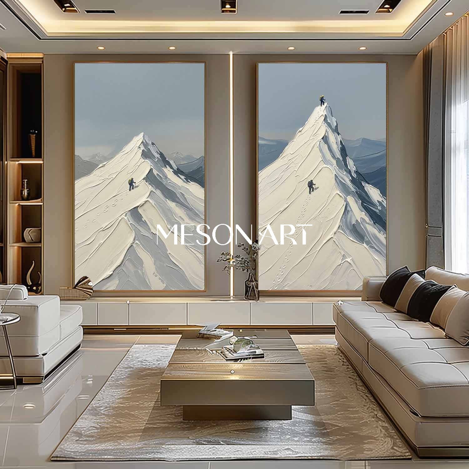 Hand-painted Thick Impasto Mountain Climber Oil Painting Diptych Wall Art | MesonArt