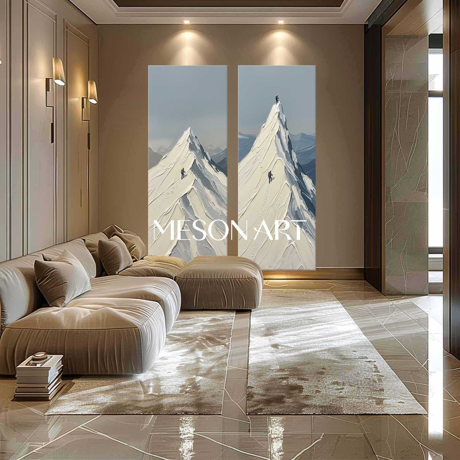 Hand-painted Thick Impasto Mountain Climber Oil Painting Diptych Wall Art | MesonArt