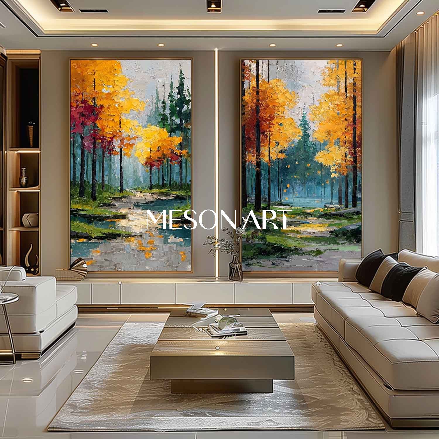 Large Handmade Autumn Canvas Art 2-piece Set Colorful Autumn Scene Art