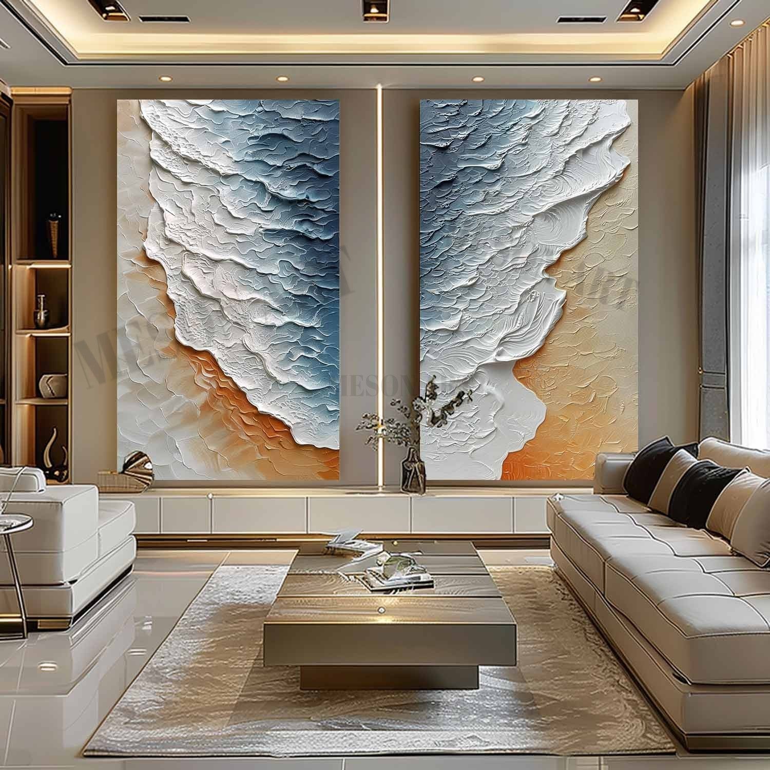 Large 3D White and Blue Ocean Wave Beach Texture Painting Set of 2 Ocean Wave Beach Canvas Wall Art