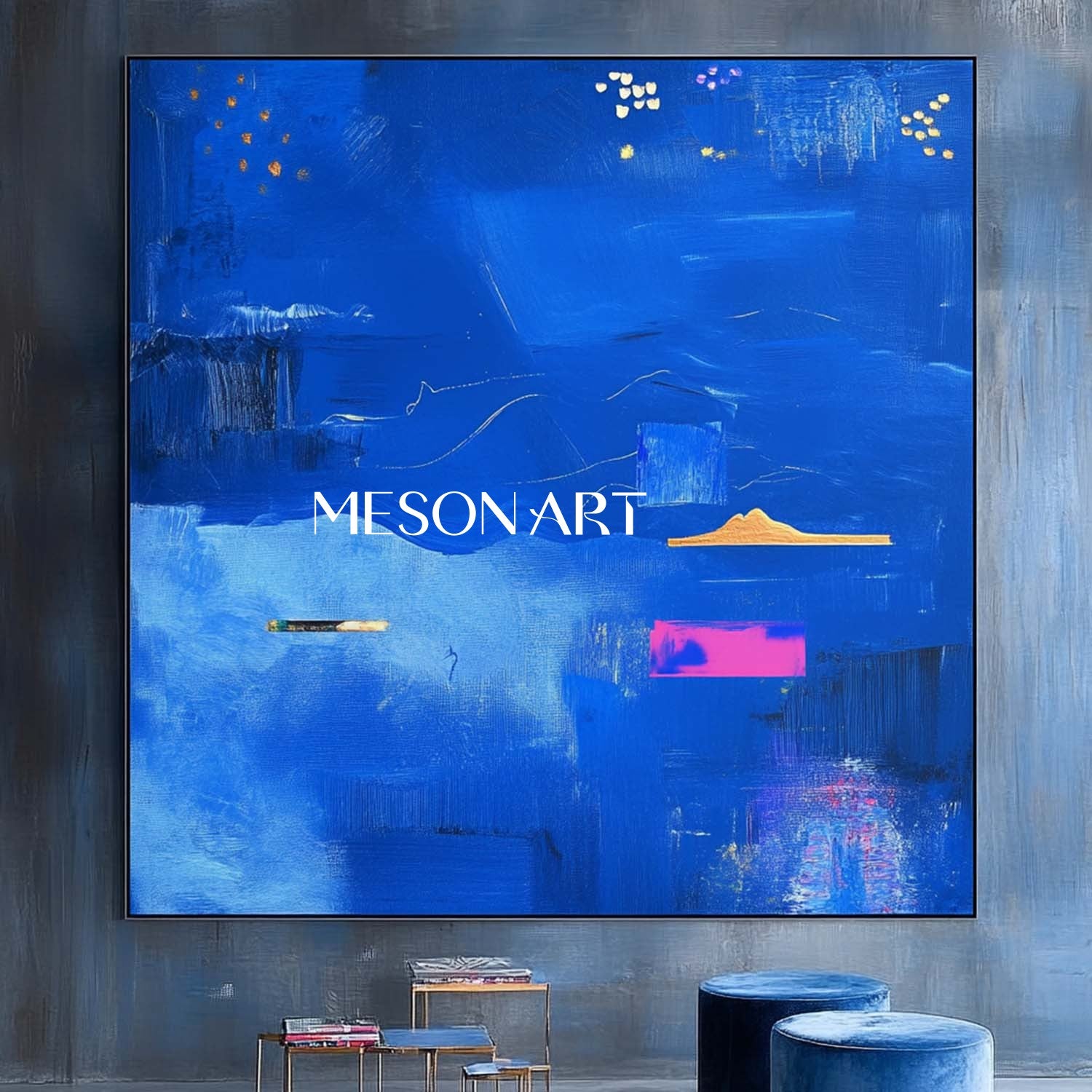 Contemporary Blue Abstract Canvas Wall Art Blue Abstract Minimalist Paintings for Sale