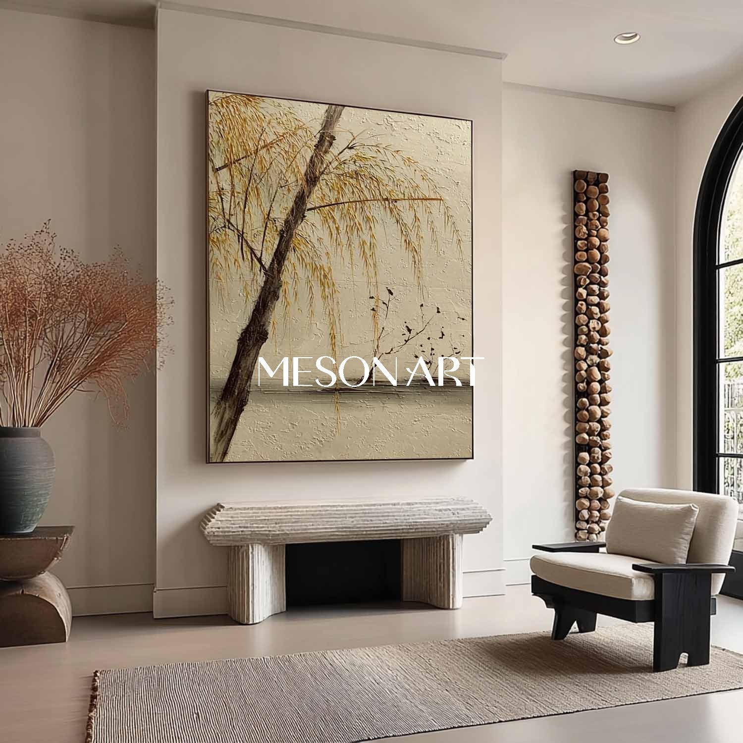 Modern Zen-Inspired Nature Painting – Willow Scene on Textured Canvas | Mesonart