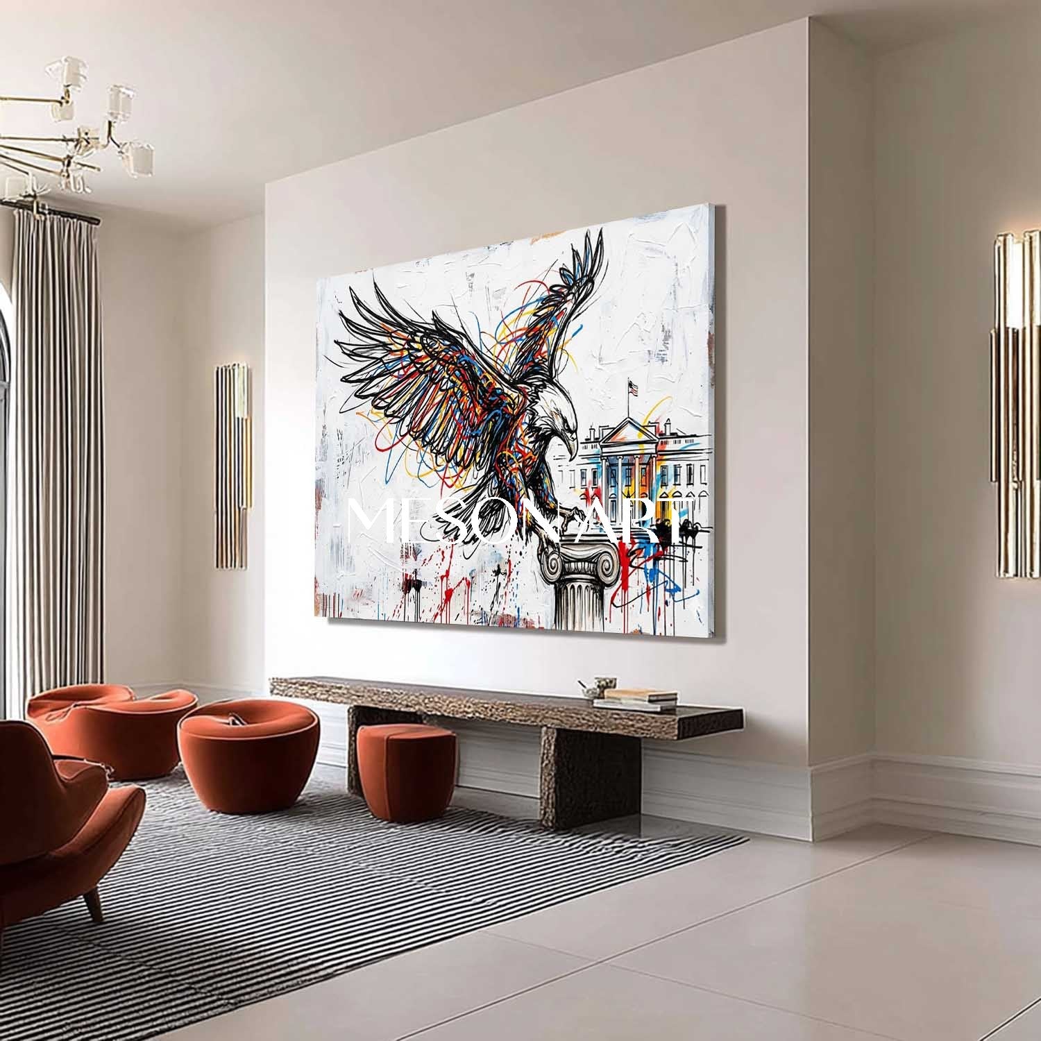 Modern Pop Art Bald Eagle & White House Textured Canvas Painting Abstract Line Art Eagle Graffiti Style Animal Art