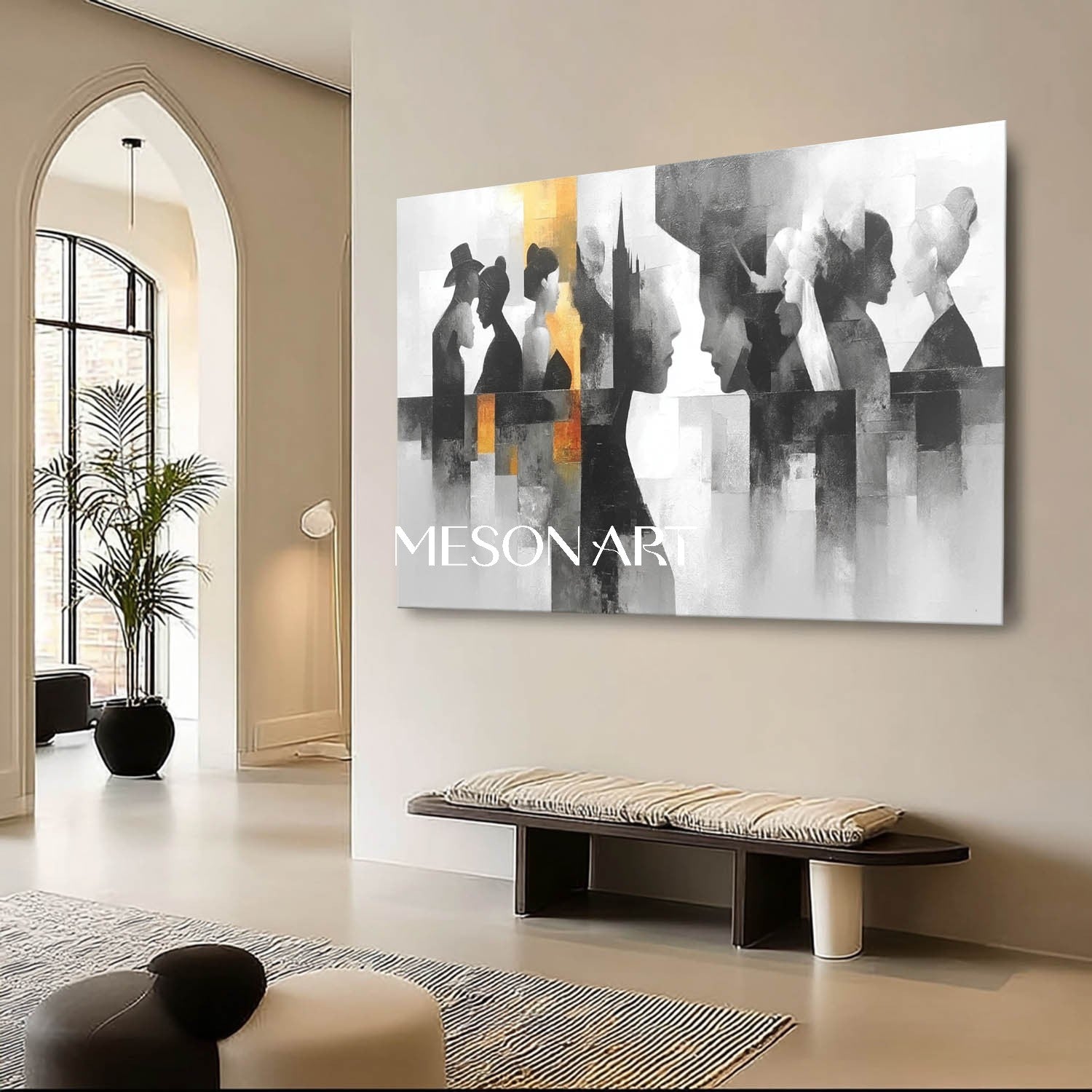 Buy Abstract Silhouette Figures Oil Painting Black White Geometric Art