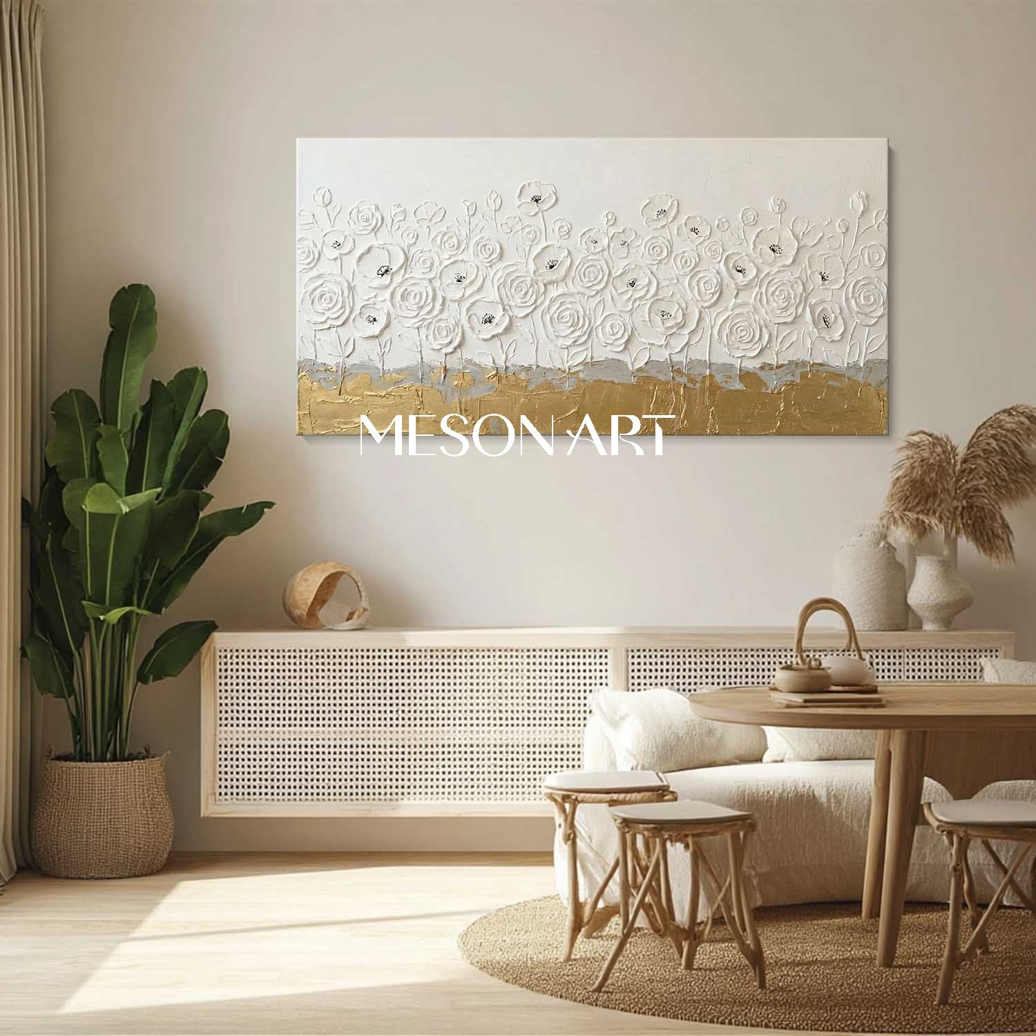 Panoramic Textured Abstract Floral Canvas Art Plaster Flower Painting