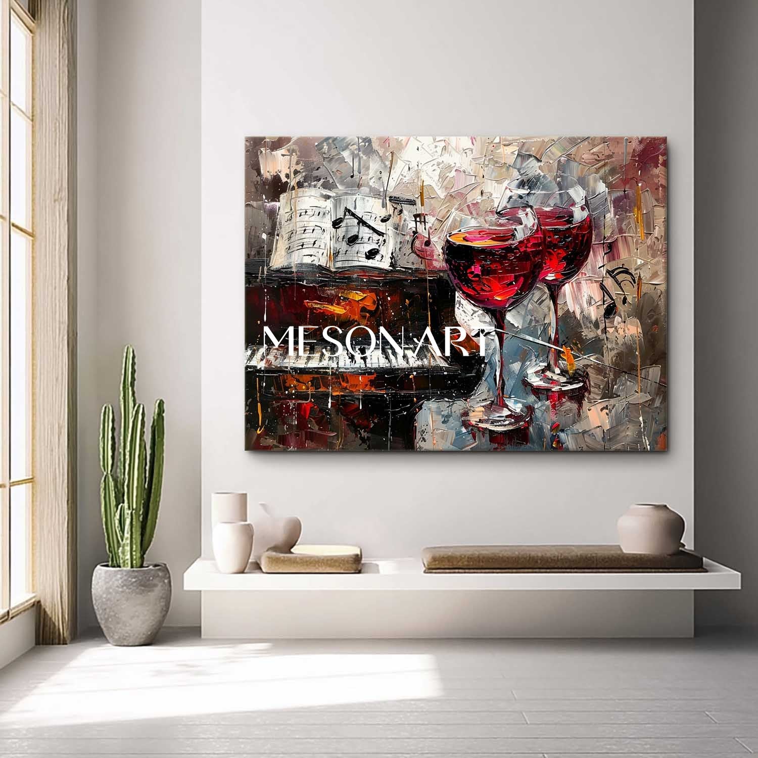 Large Red Wine Glass and Piano Abstract Canvas Art for Sale Piano and Wine Wall Art Decor