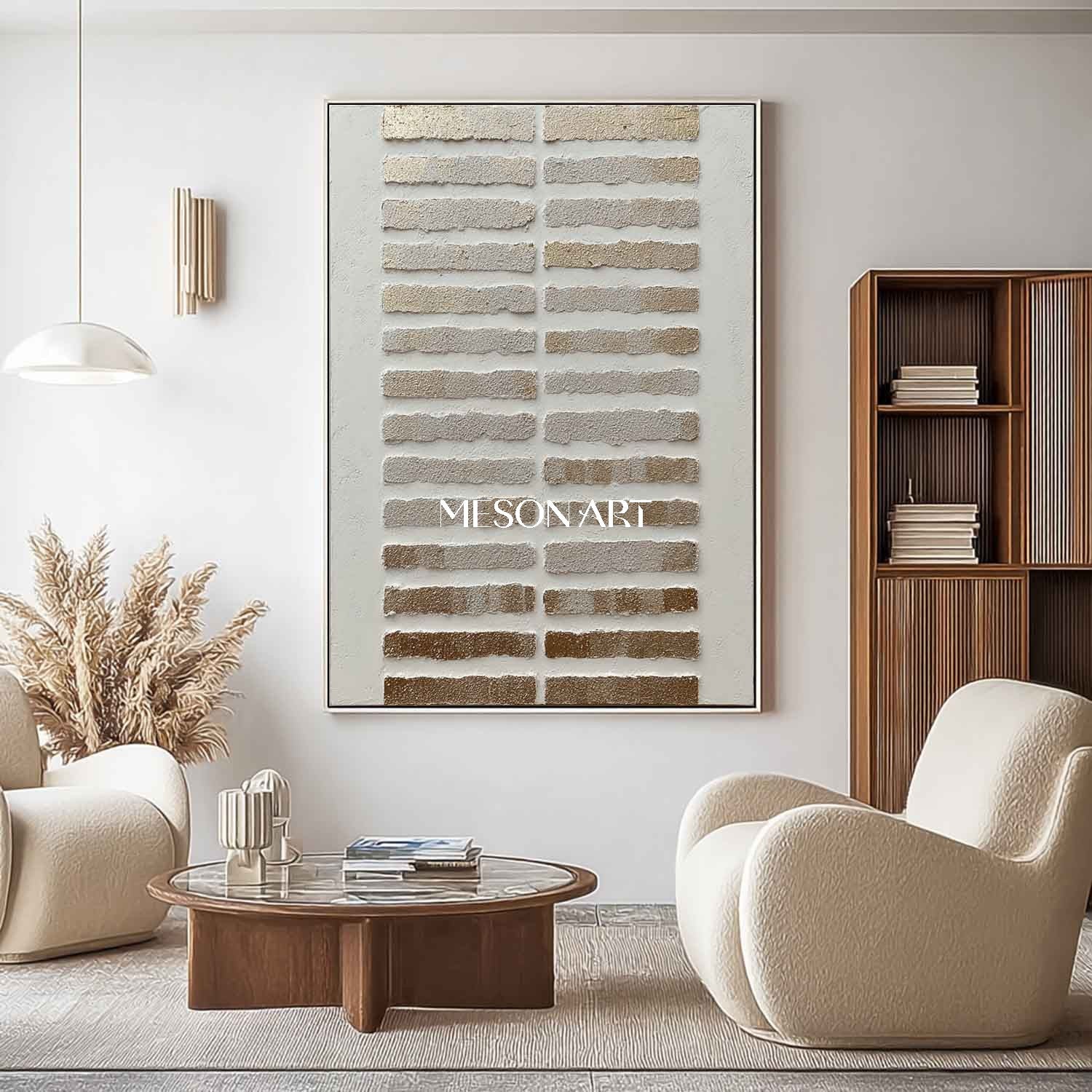 Golden rectangle abstract texture painting. Gold and white minimalist canvas wall art decoration