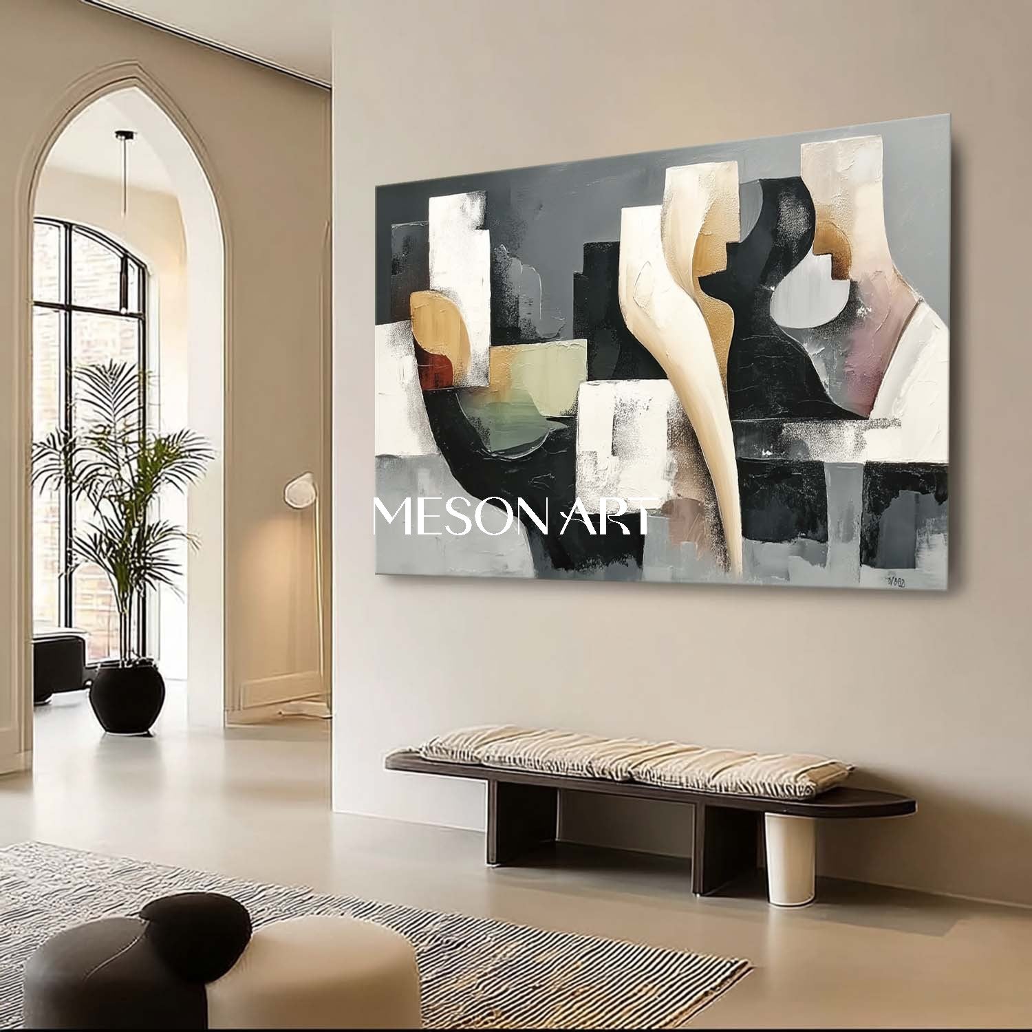 Buy Abstract Geometric Oil Painting Black White Cubist Modern Canvas