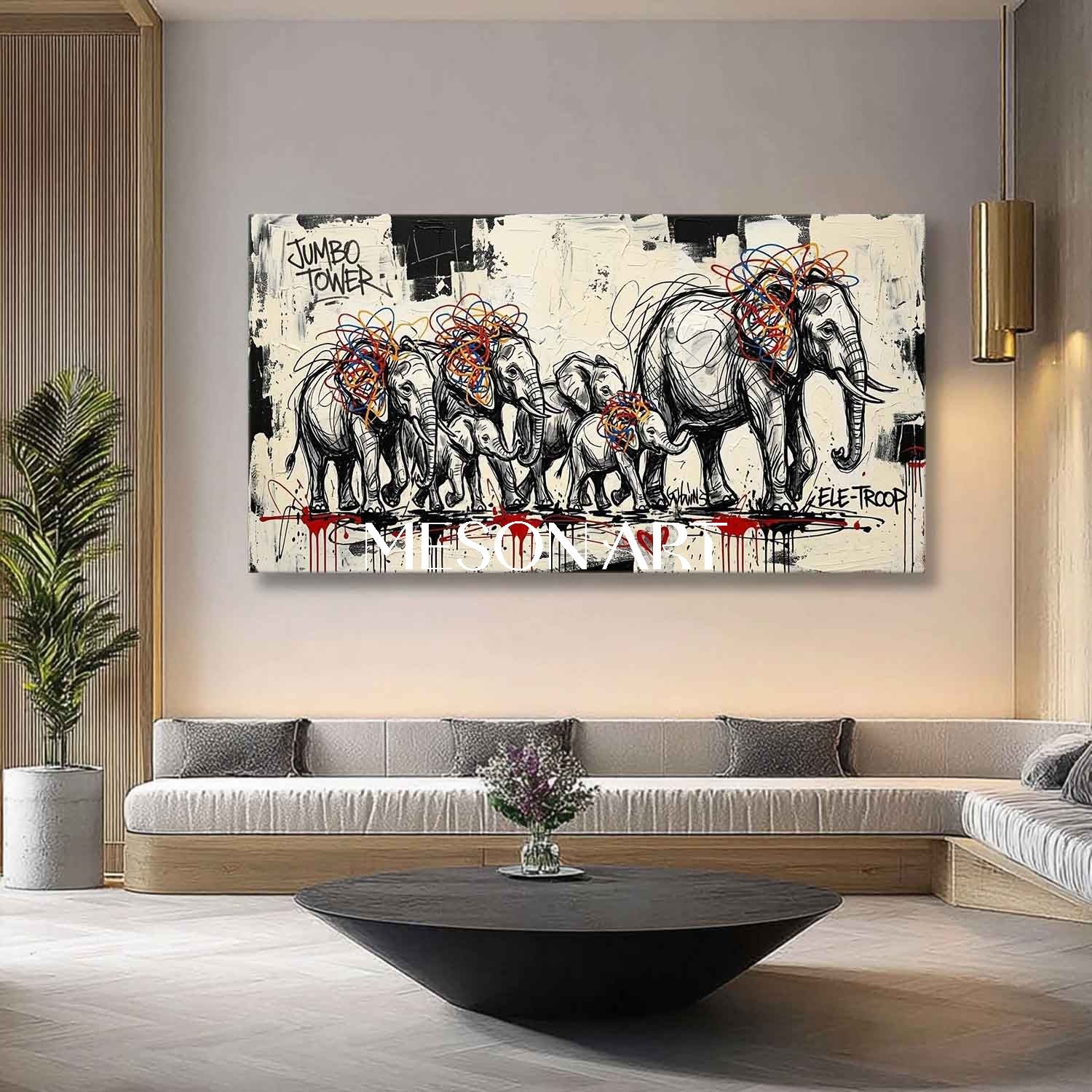 Large Elephant Canvas Art Graffiti Animal Wall Decor Elephant Family Painting