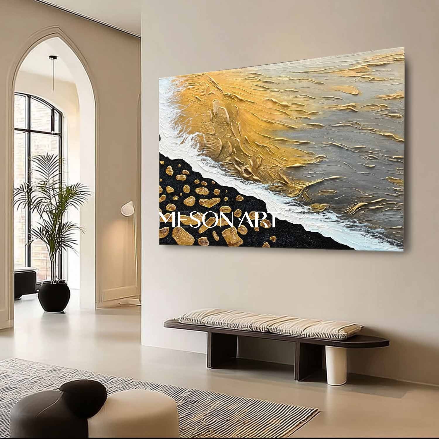 Gold and Black Wave and Beach Textured Canvas Art, Wave and Beach Texture Painting