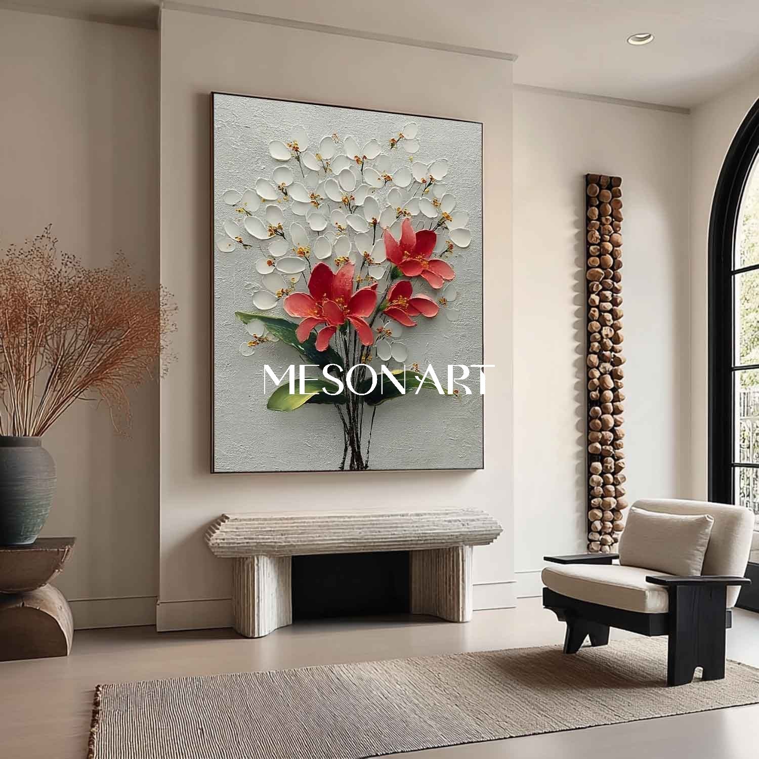 Bedroom Flower Canvas Decor Hand-Painted Floral Wall Art Monochrome Botanical Canvas