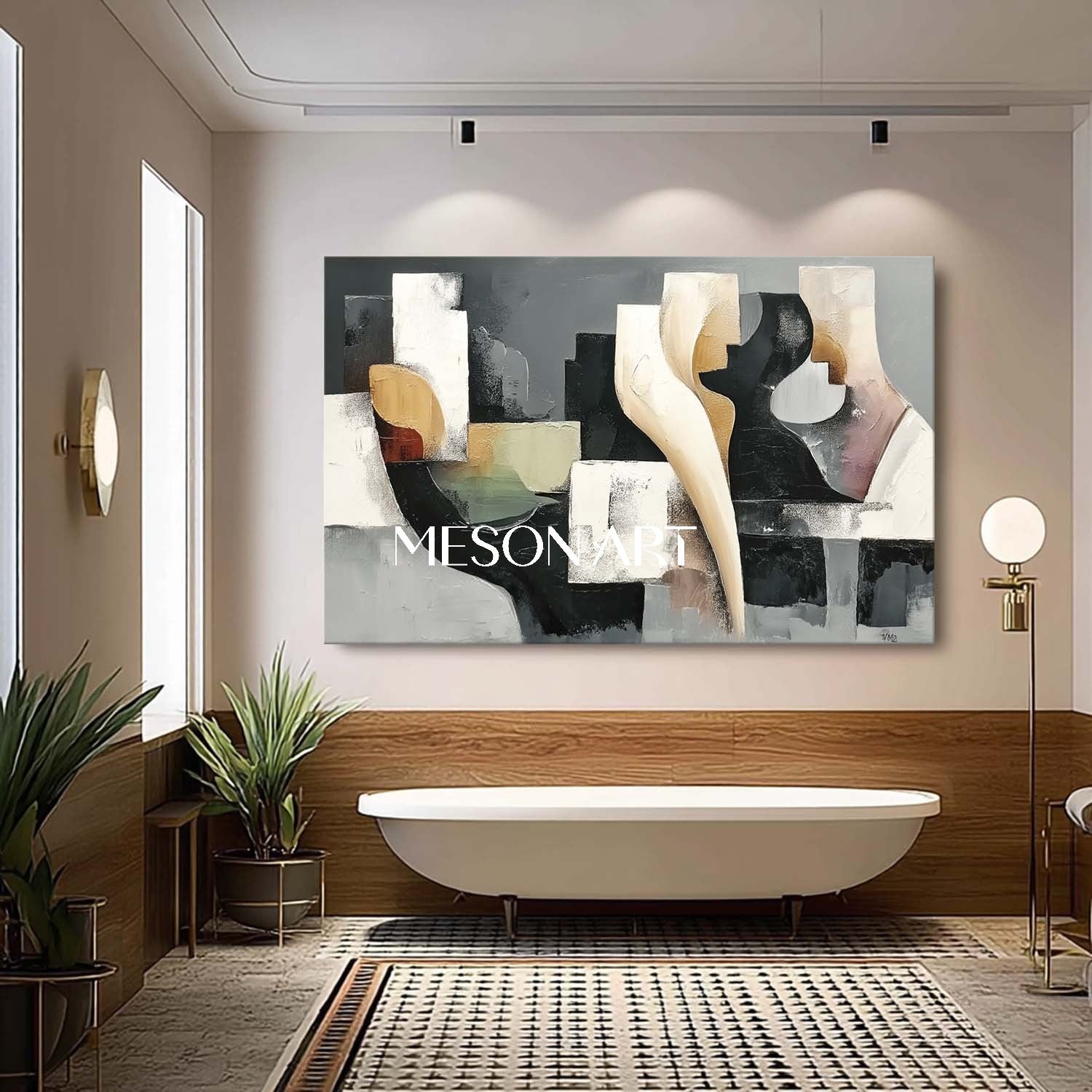 Black White Abstract Geometric Oil Painting Modern Textured Canvas Art