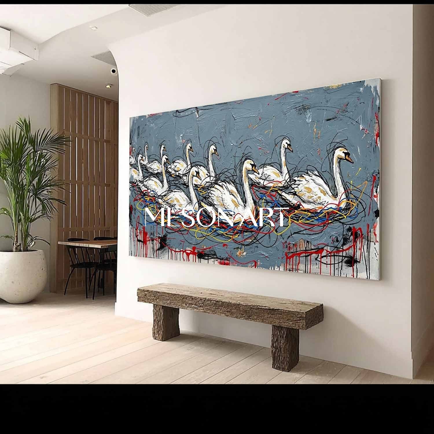 Large Abstract Textured Swan Oil Painting on Canvas by MesonArt - Modern Grey and White Expressive Wall Art