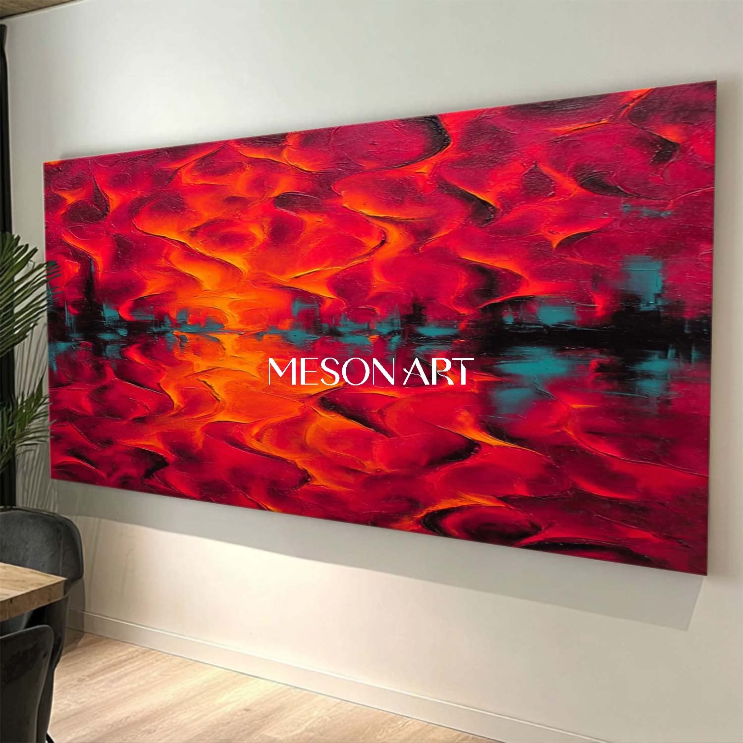 Big Fiery Abstract Expressionist Oil Painting Large Red Wall Art Decor