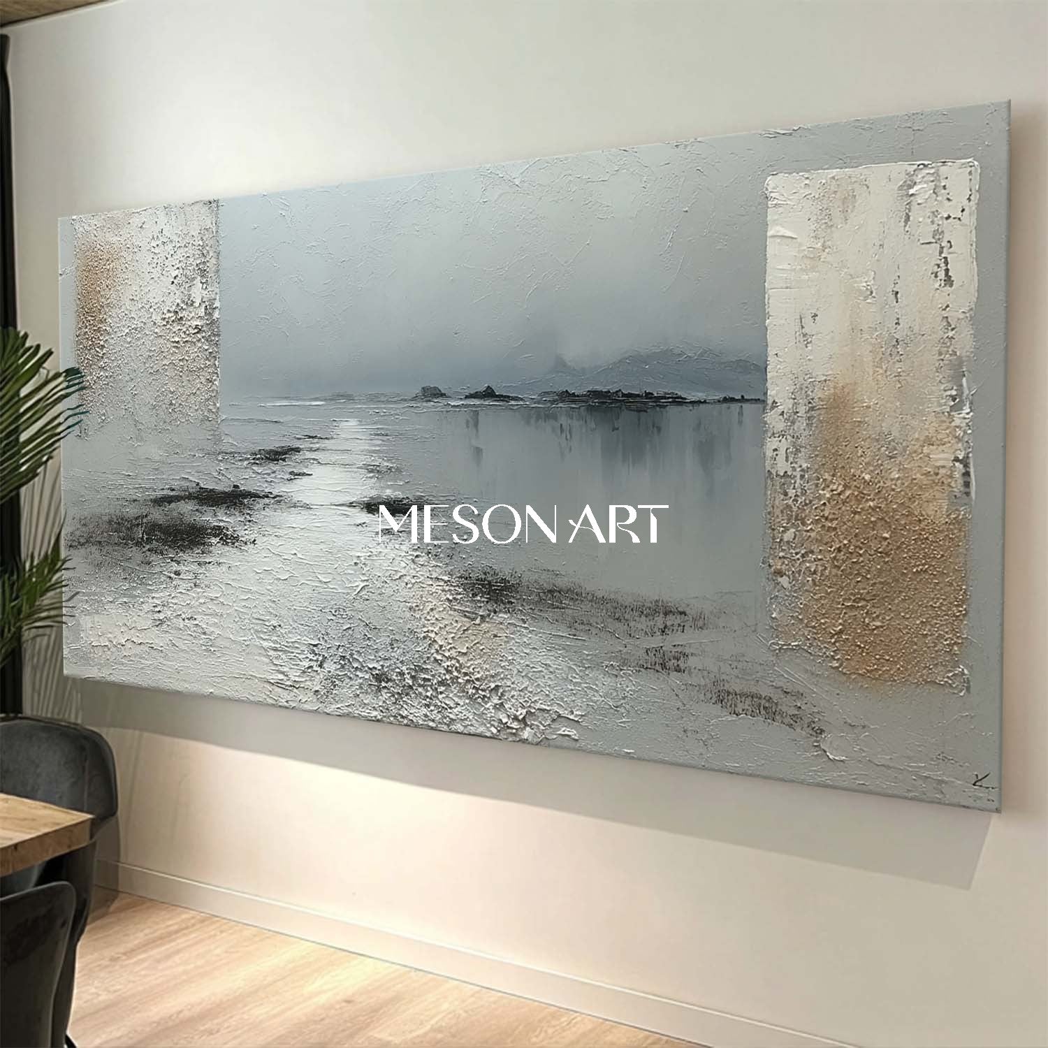 3D Light Grey Abstract Canvas Landscape Wall Painting Wabi-Sabi Art