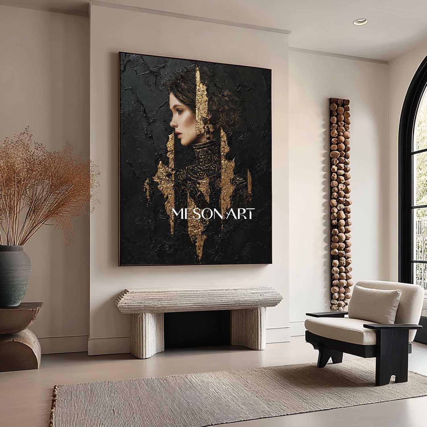 Black and Gold Lady Abstract Portrait Art for Sale Pretty Woman Portrait Texture Painting