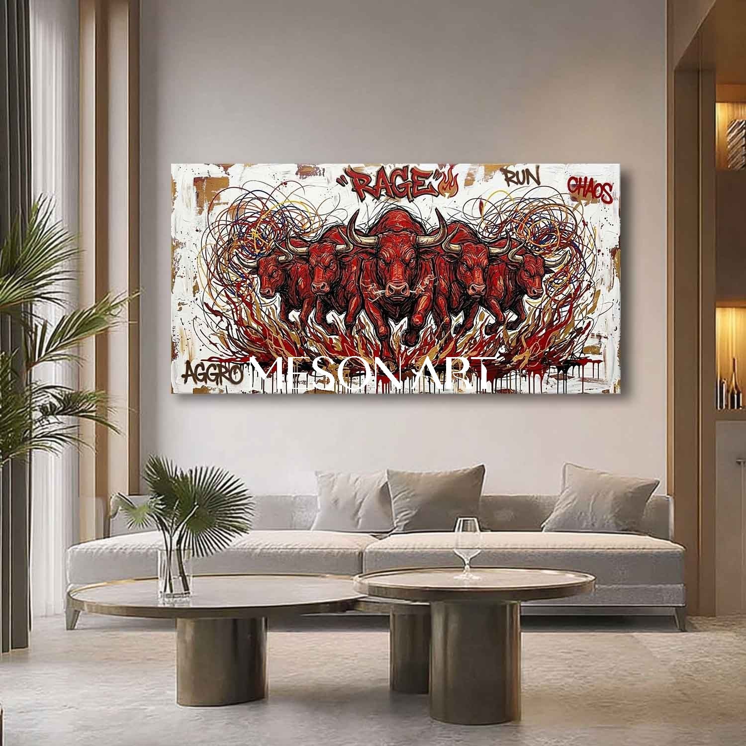 Textured Modern Red Bull Graffiti Painting on Canvas Large Panorama Framed Wall Art for Living Room