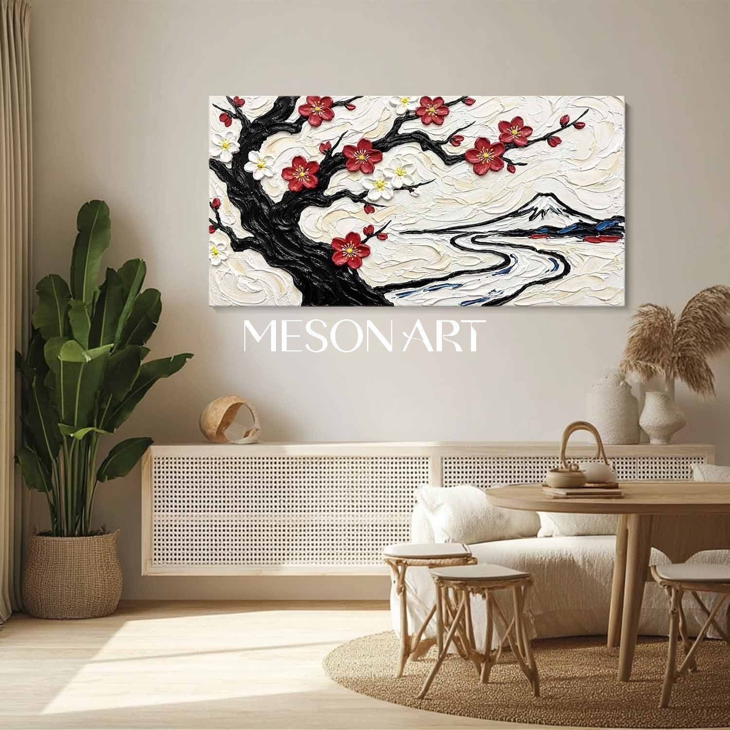 3D Textured Plum Blossom & Mount Fuji Oil Painting | Impasto Canvas Wall Art | MesonArt