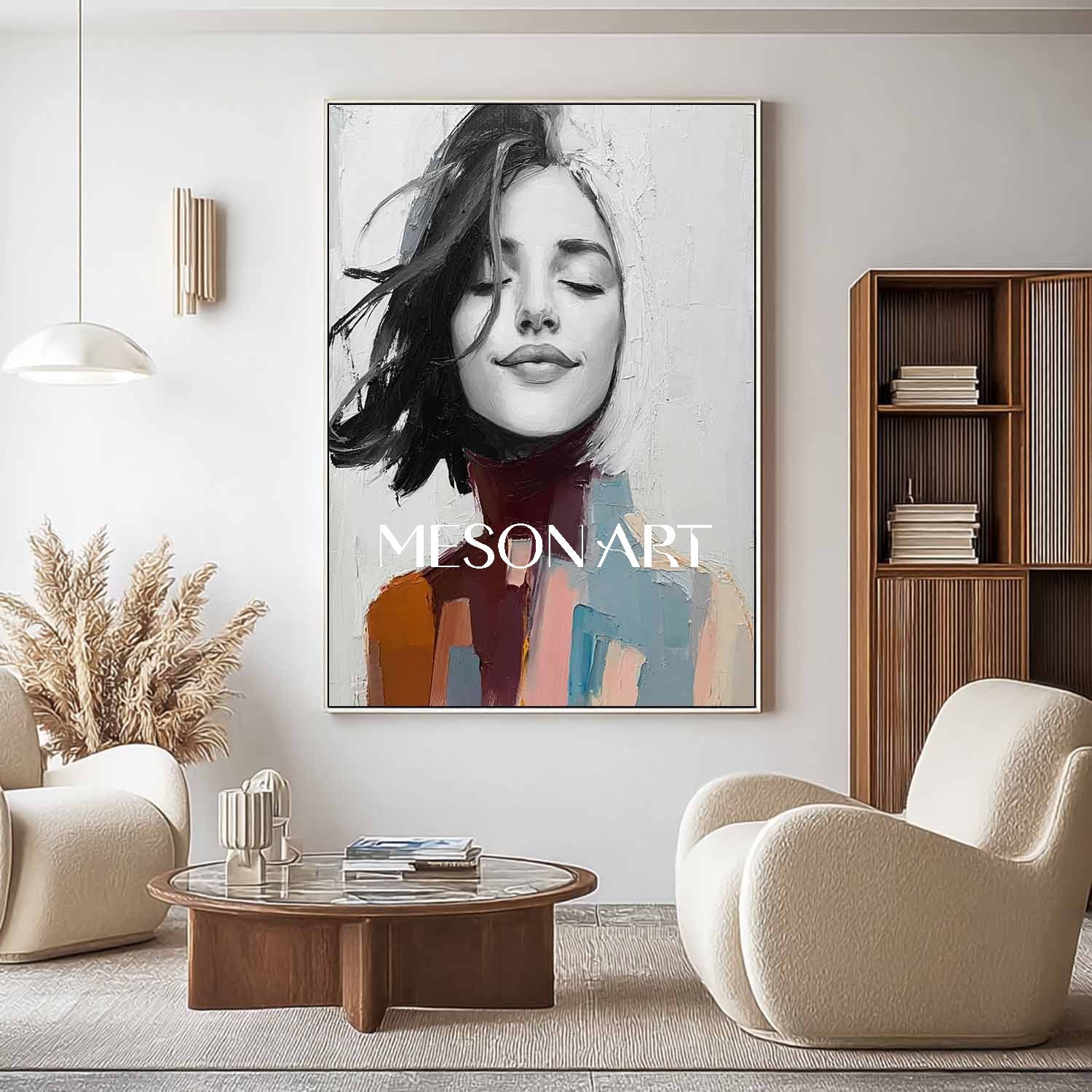 Modern living room with a 'Meson Art' framed portrait on the wall, beige armchairs, and a wooden coffee table.