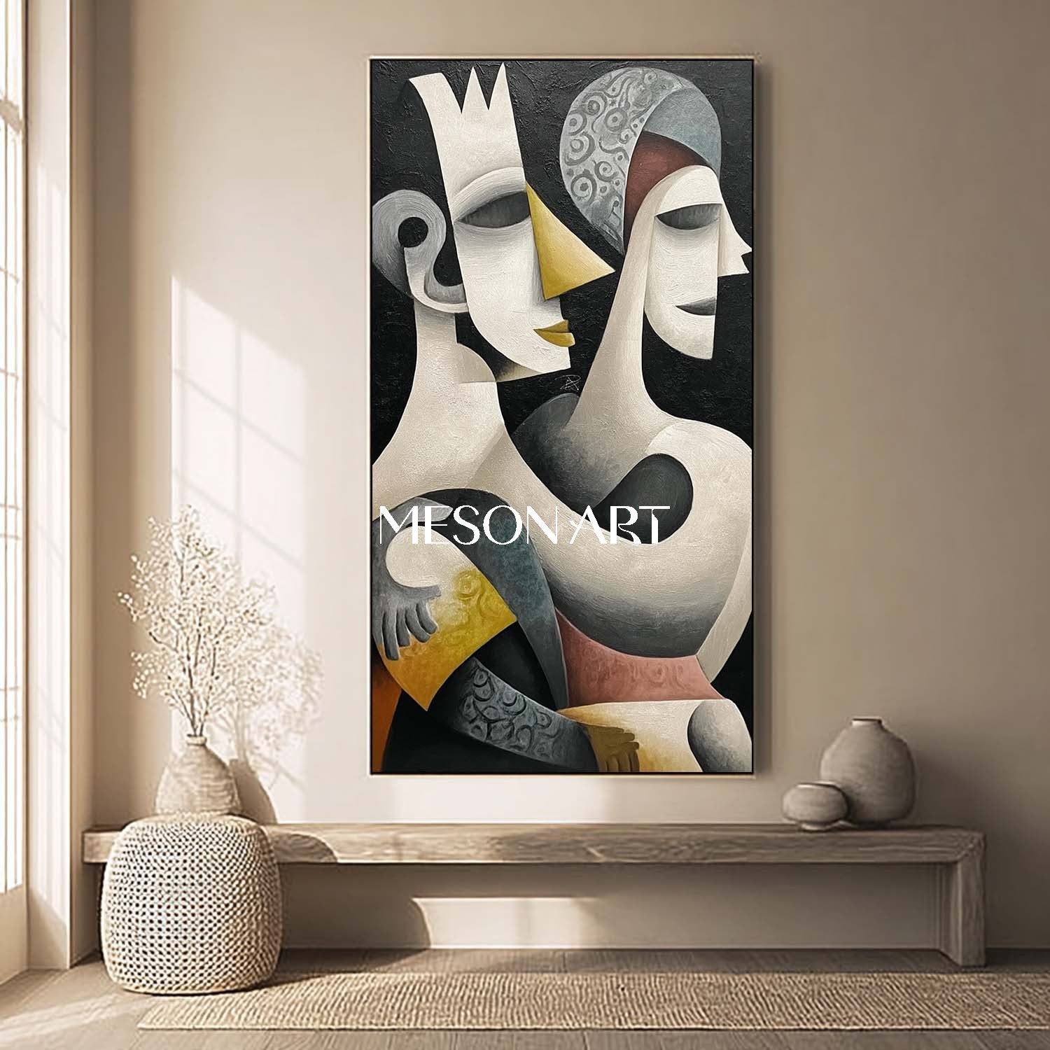 Luxury Surreal Cubist Canvas Black Abstract Textured Art Hallway