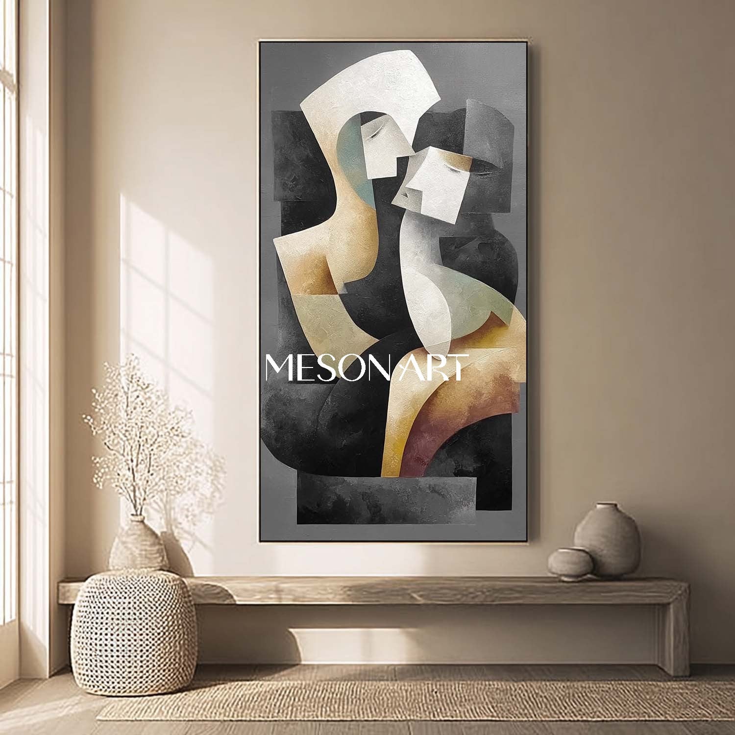 Modern Abstract Textured Canvas Black Couple Neutral Palette Artwork