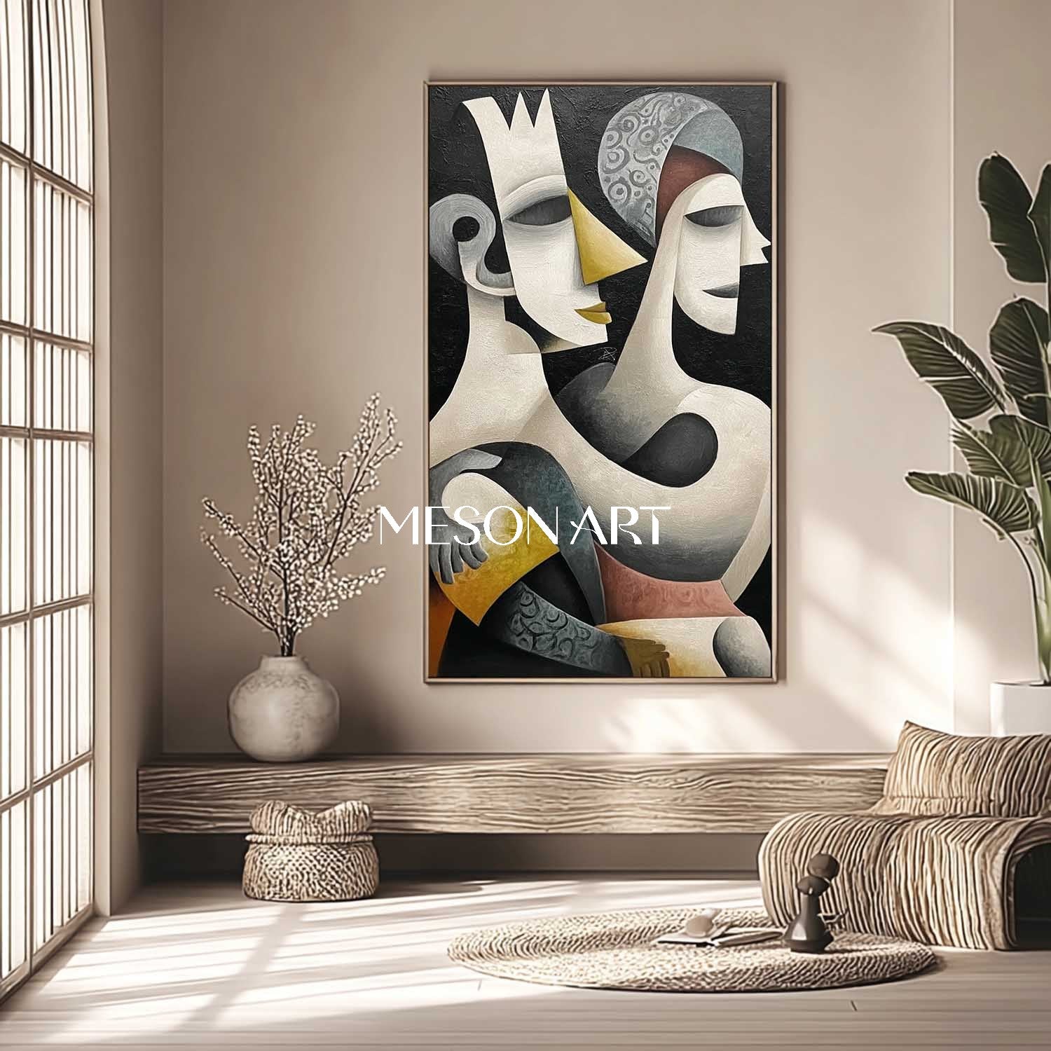Luxury Surreal Cubist Canvas Black Abstract Textured Art Hallway