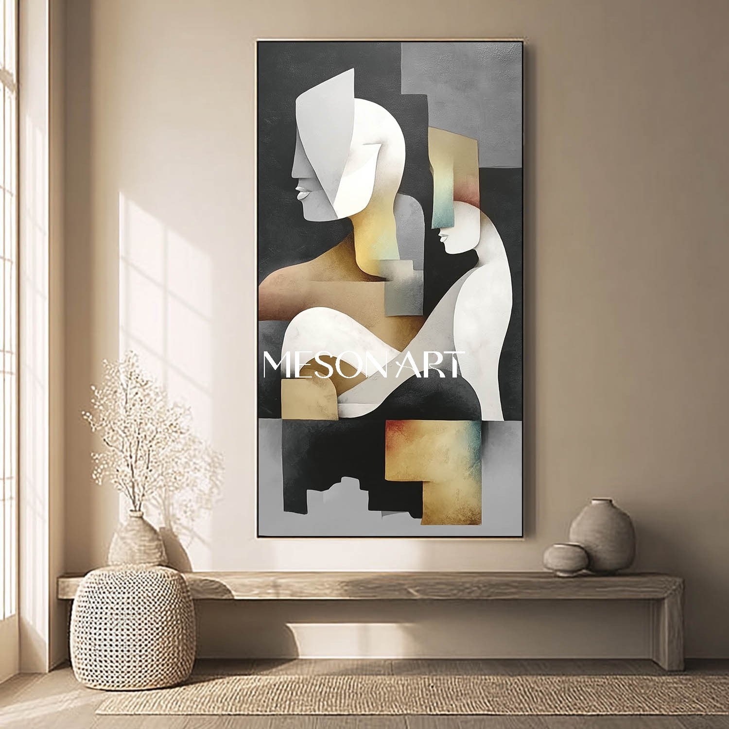 Black Vertical Modern Cubist Geometric Oil Painting Wall Art Entryway