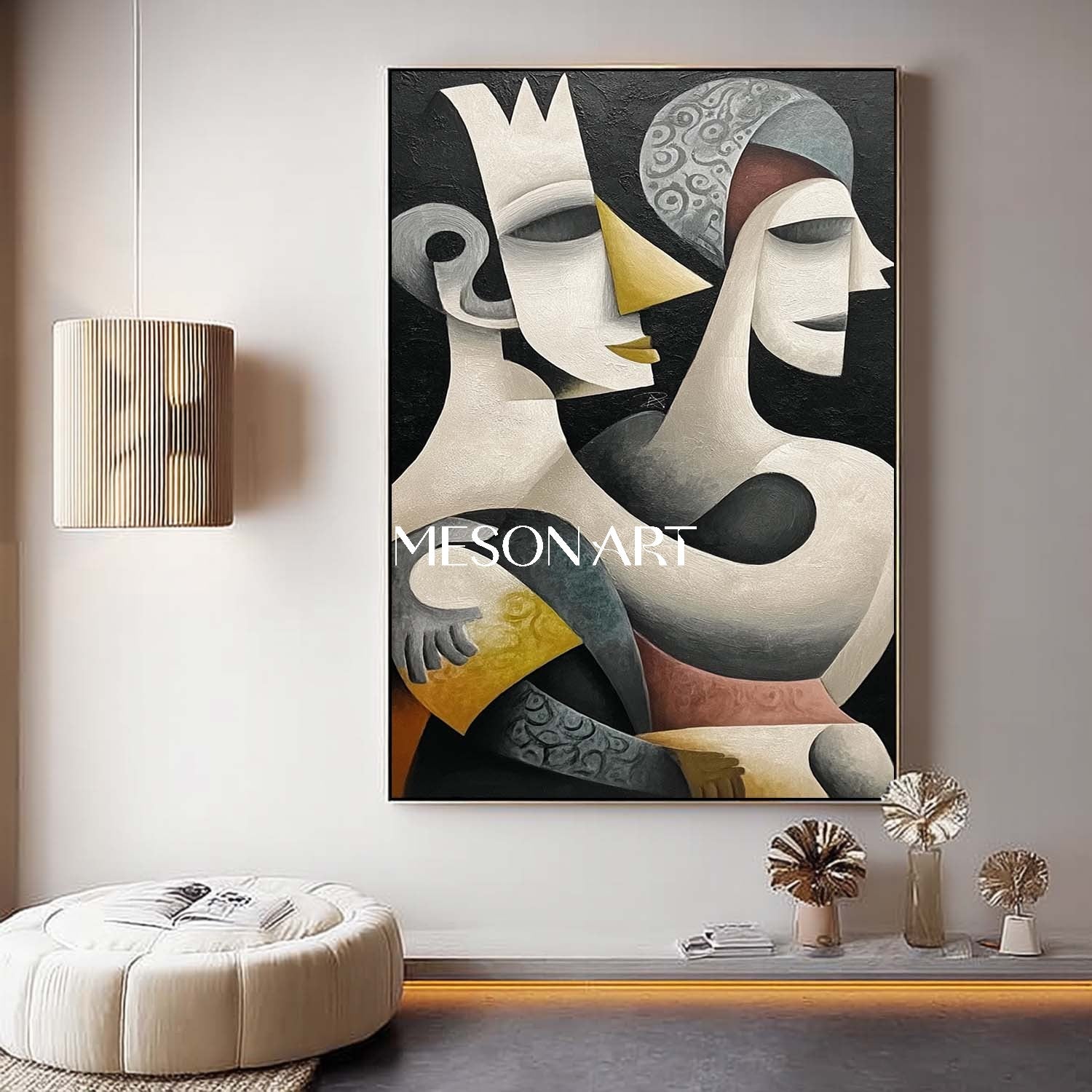 Oversized Black Abstract Art Vertical Canvas Cubist Hallway Wall Decor