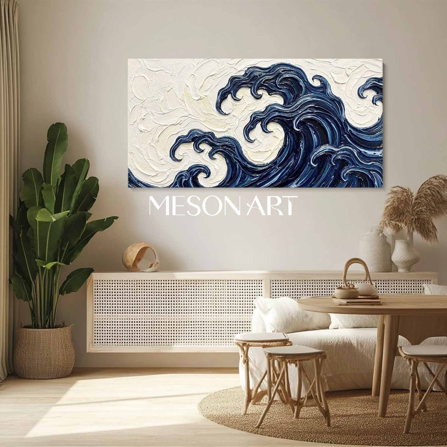 Large 3D Textured Great Wave Oil Painting On Canvas | Abstract Blue Ocean Impasto Wall Art | Handmade Hokusai Style Plaster Coastal Decor For Living Room | MesonArt