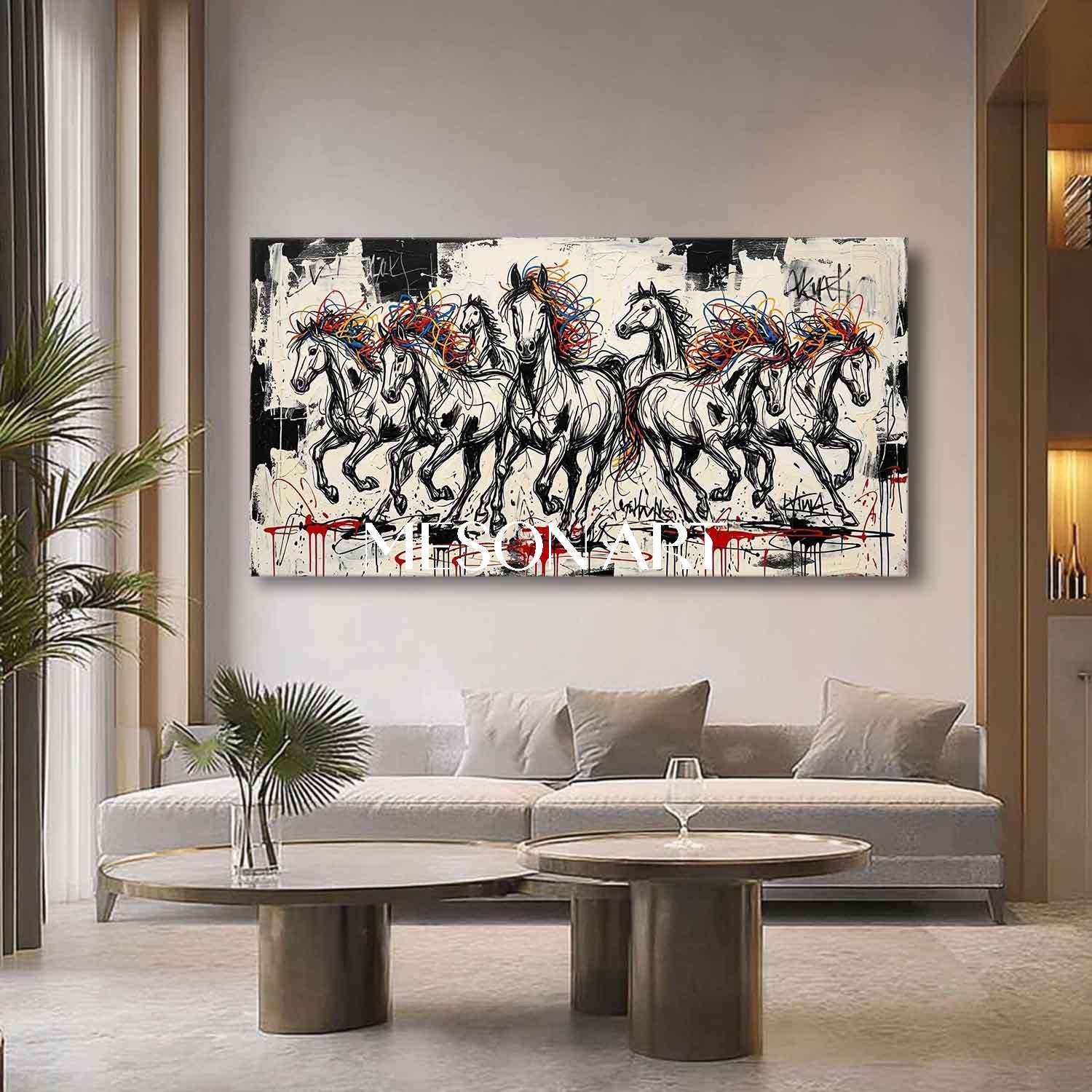 Large Bold Running Horses Canvas Art Contemporary Graffiti Wall Painting