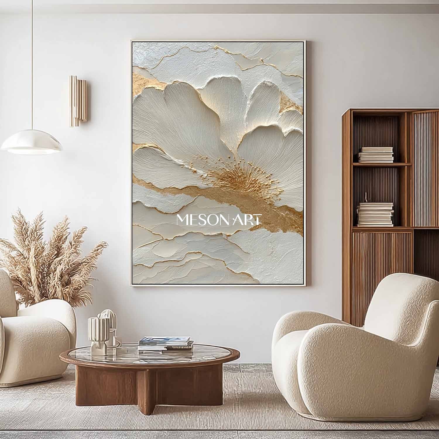 White Flower Art Decoration Gold and White Flowers Plaster Art Canvas Flower Texture Wall Painting