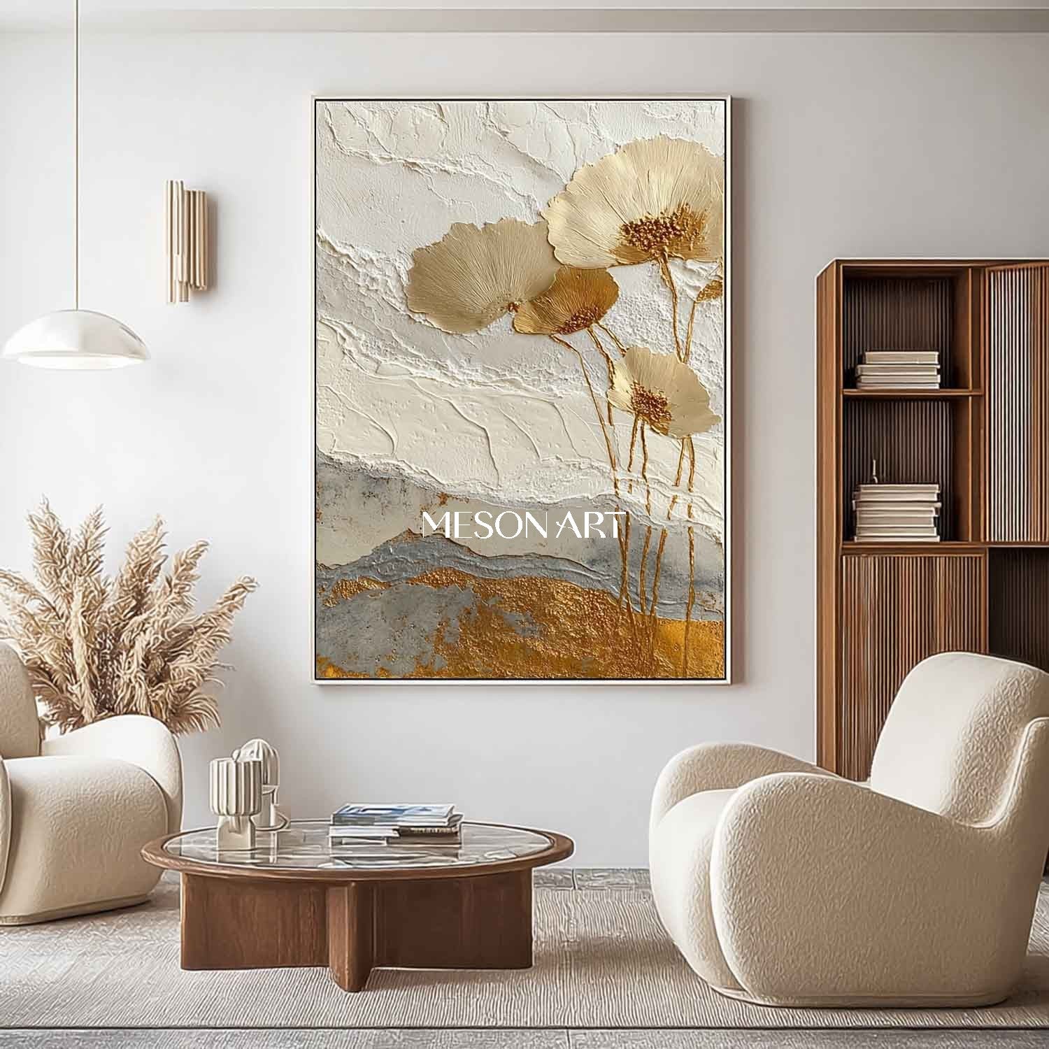 Golden Flower Art Decoration Gold and White Flowers Plaster Art Canvas Flower Texture Wall Paintings
