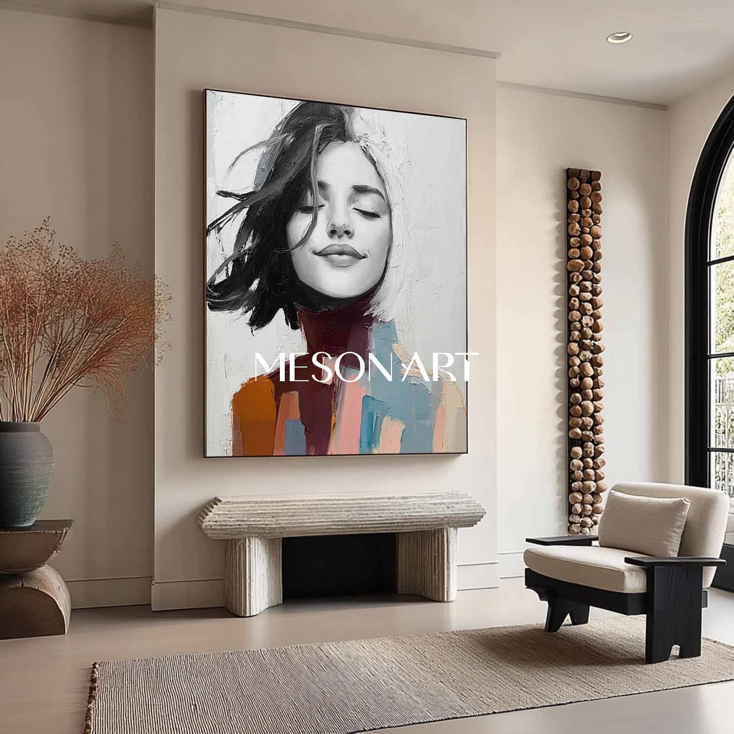 Modern living room with a 'Meson Art' framed portrait on the wall, beige armchairs, and a wooden coffee table.