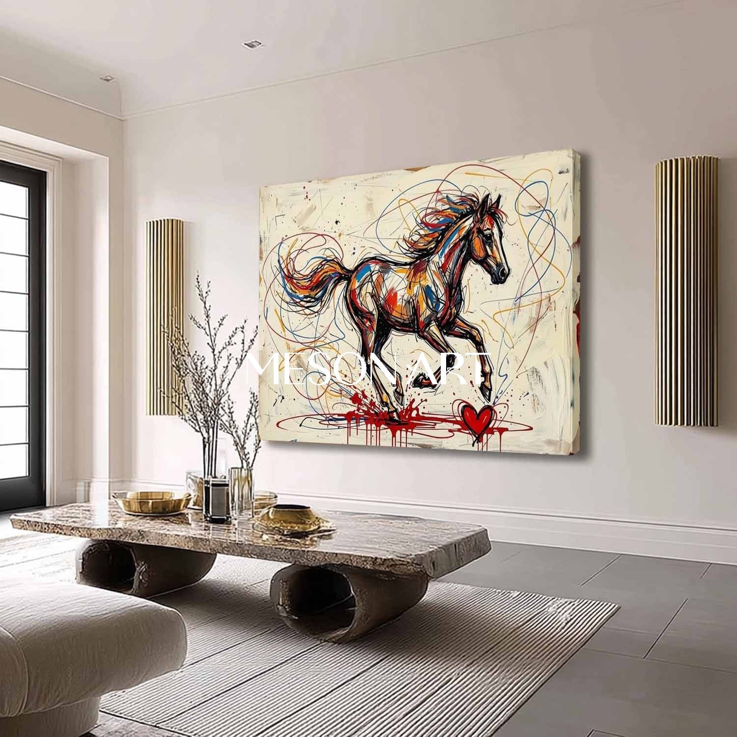 MesonArt Abstract Running Horse Canvas Painting Colorful Graffiti Textured Wall Art