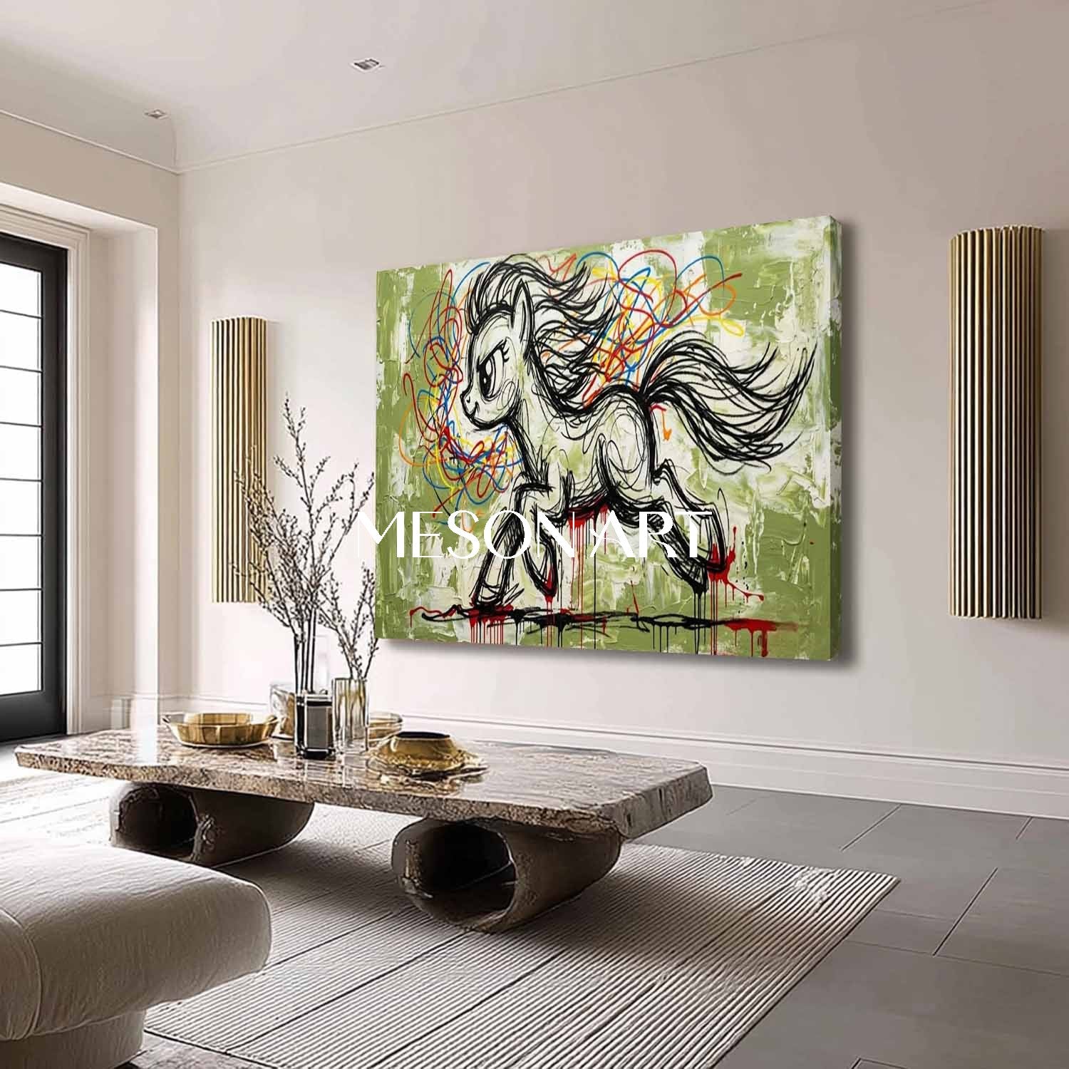 Abstract Graffiti Pony Wall Art Green Plaster Textured 3D Canvas Painting for Modern Decor