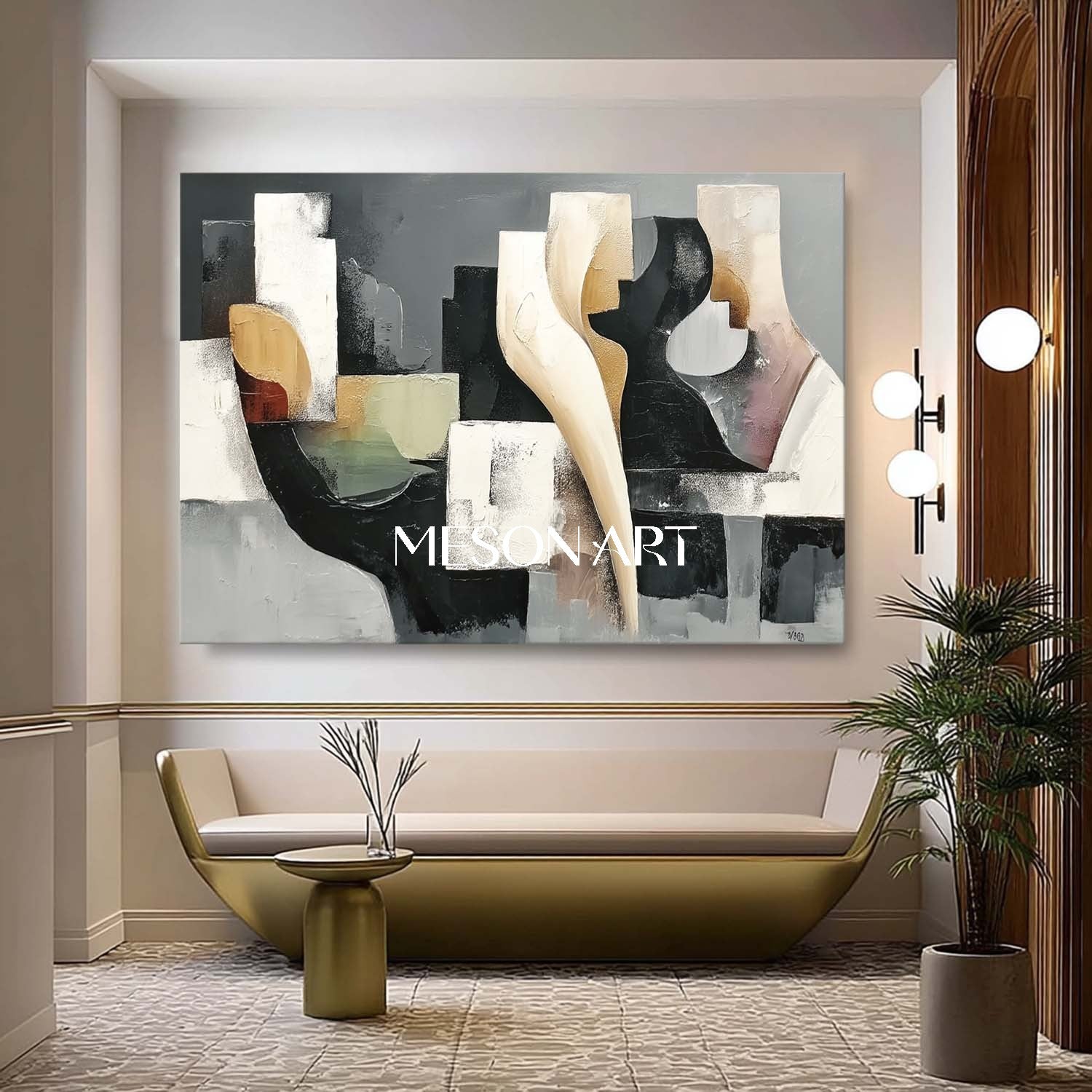 Black White Abstract Geometric Oil Painting Modern Textured Canvas Art