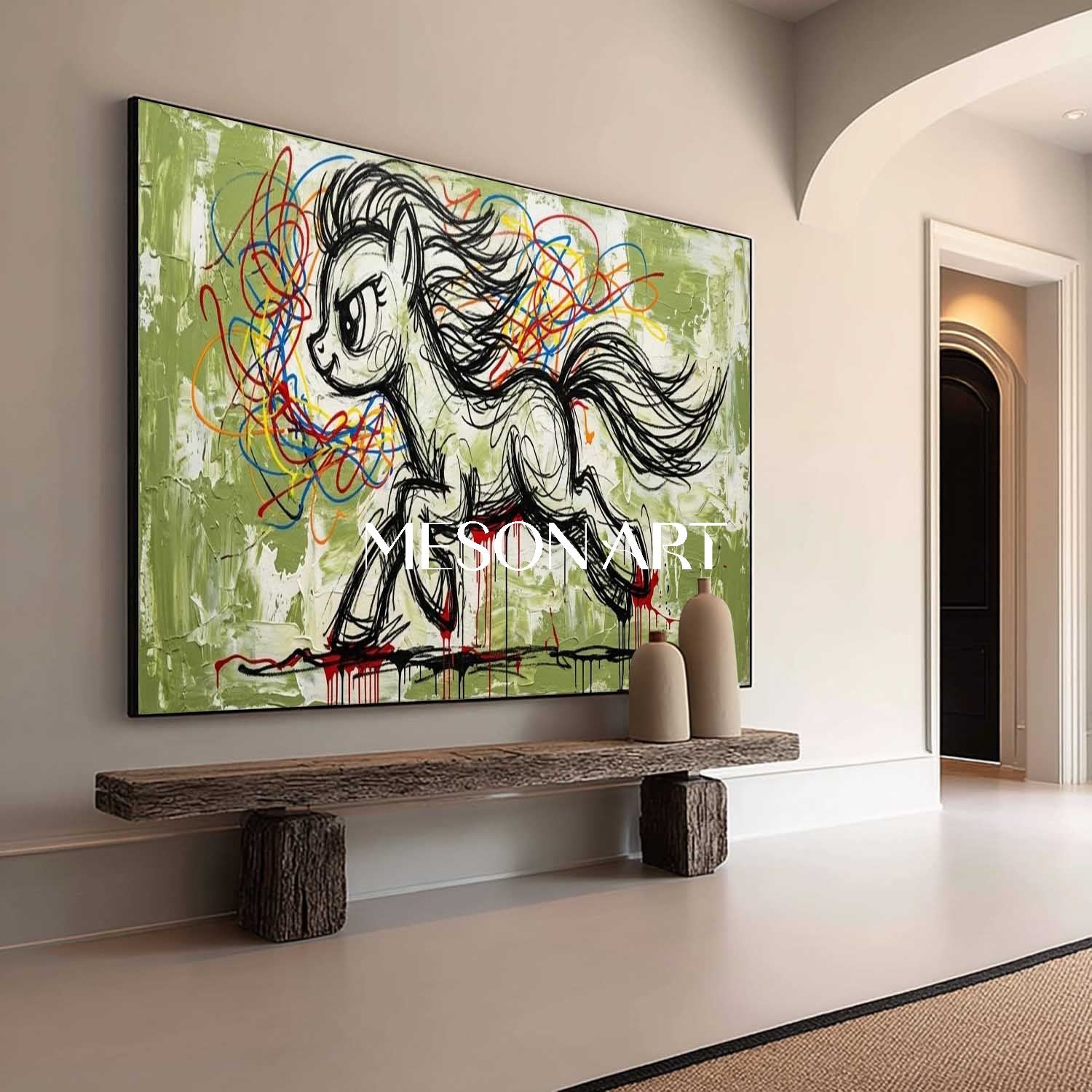 Abstract Graffiti Pony Wall Art Green Plaster Textured 3D Canvas Painting for Modern Decor